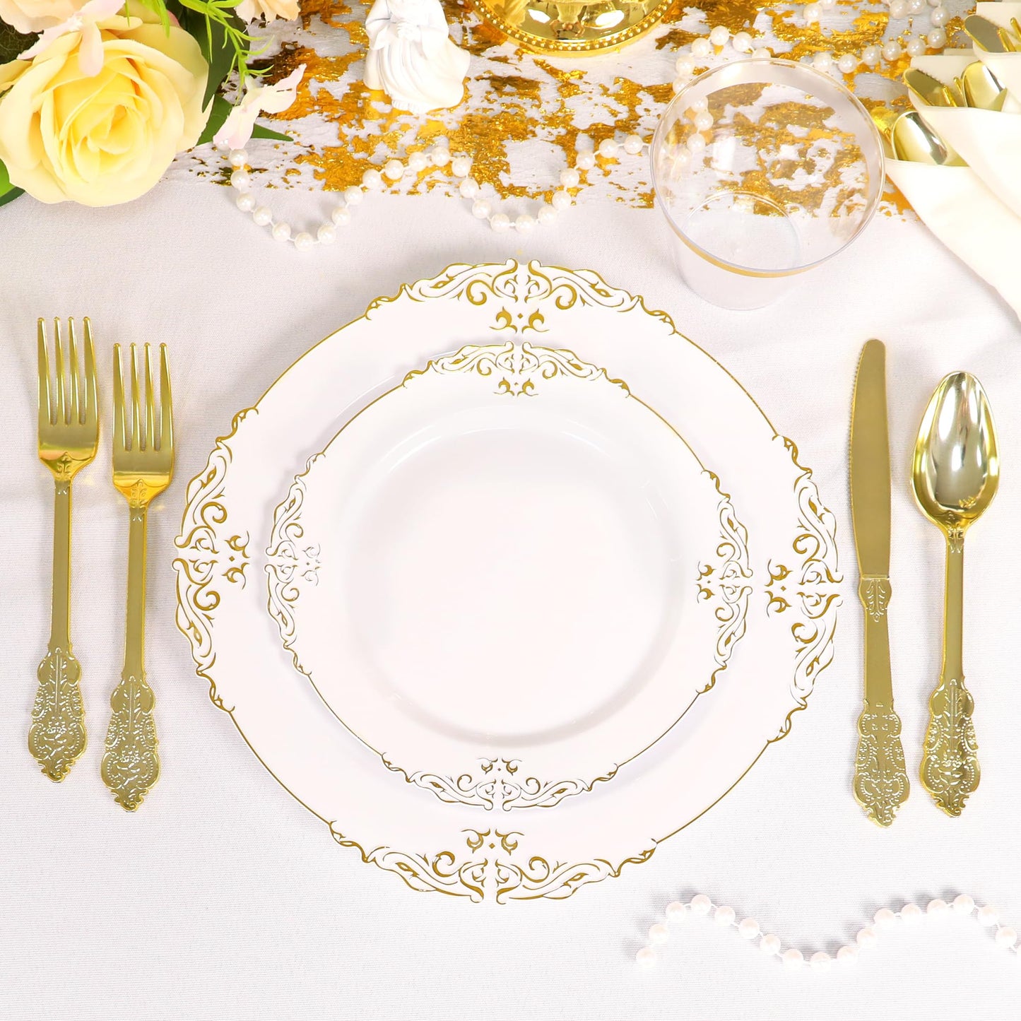 350 Piece Dinnerware Set for Wedding & Party,50 Guest RimPlastic Plates,50 Plastic Silverware,50 Cups,50 Linen Like Napkins (Gilding Gold)