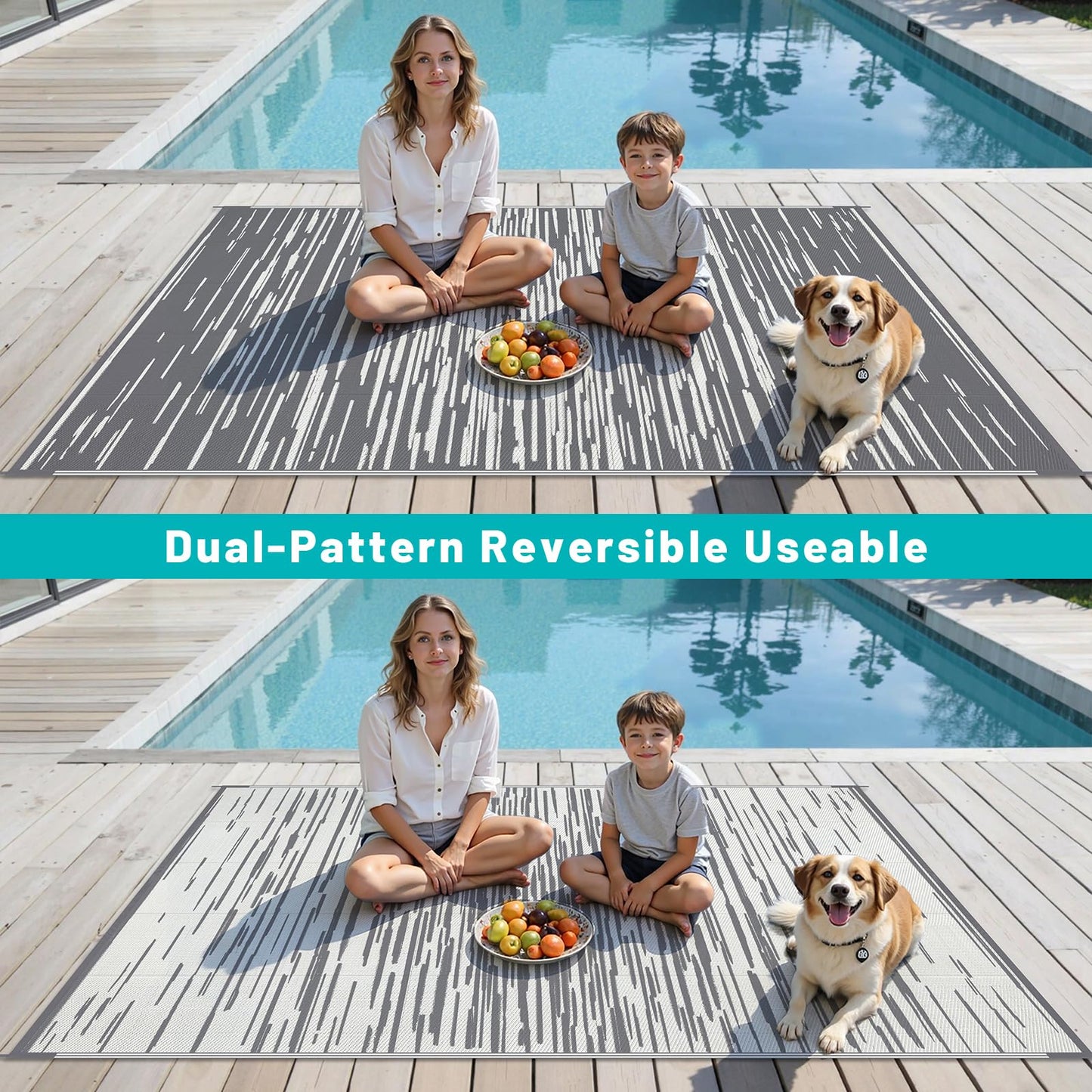 HEBE Outdoor Rug 6x9 ft Reversible Outdoor Area Rug Waterproof Patio Rug Mat Portable RV Camping Rug Modern Abstract Plastic Straw Carpet for Picnic Beach Balcony Pool Deck, Grey
