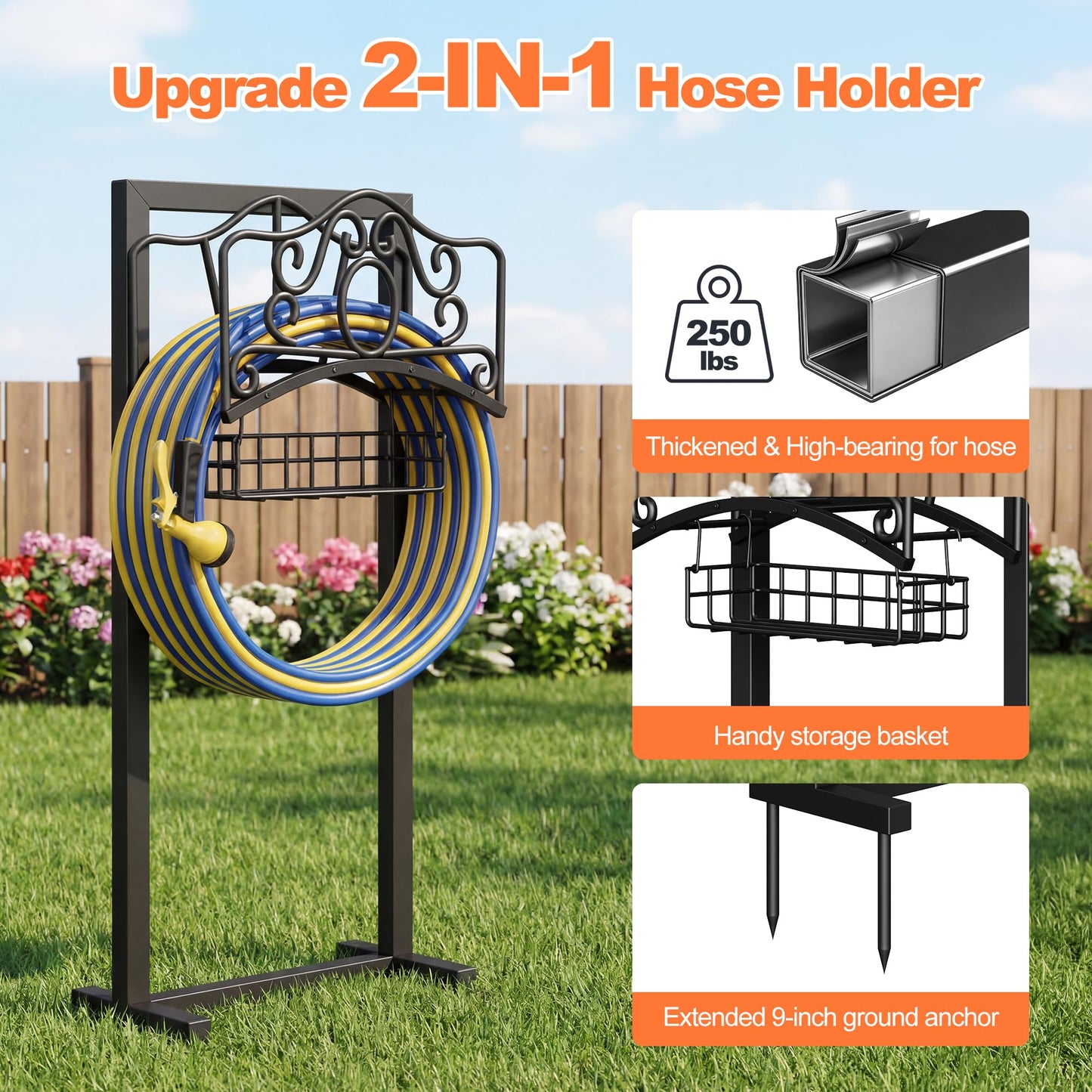 Garden Hose Holder, 2026 Upgraded Heavy Duty Water Hose Holder Stand with Storage Basket Holds 160ft, Freestanding Metal Garden Hose Reel Hanger Organzier Rack for Outdside Yard Lawn Farm, Black