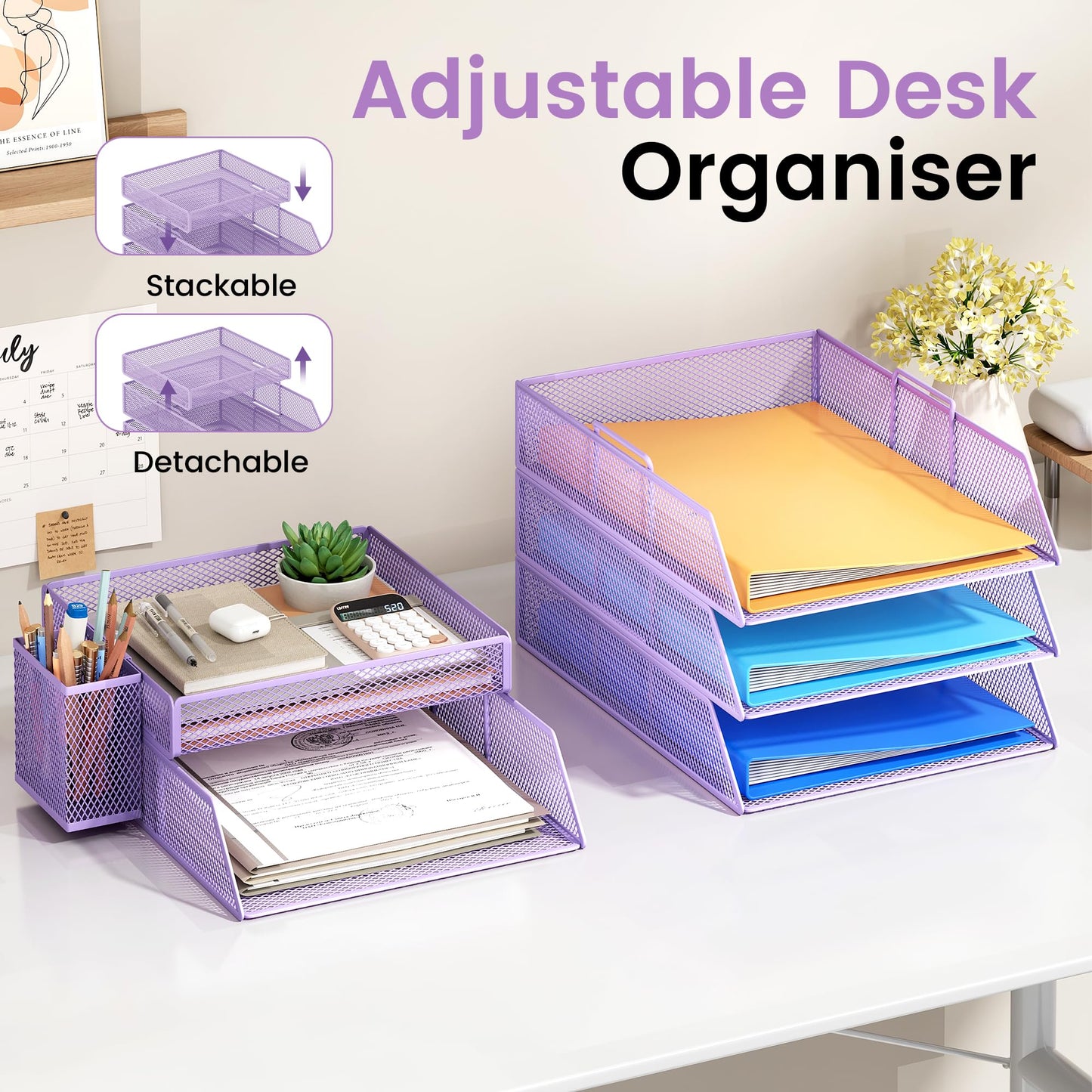 Marbrasse Desk Organizer with 1 Pen Holder, 5-Tier Stackable Paper Tray, Metal Mesh Desk Organizers and Storage for A4 Document, Paper Sorter, Letter Trays for School, Home, Office(Purple)