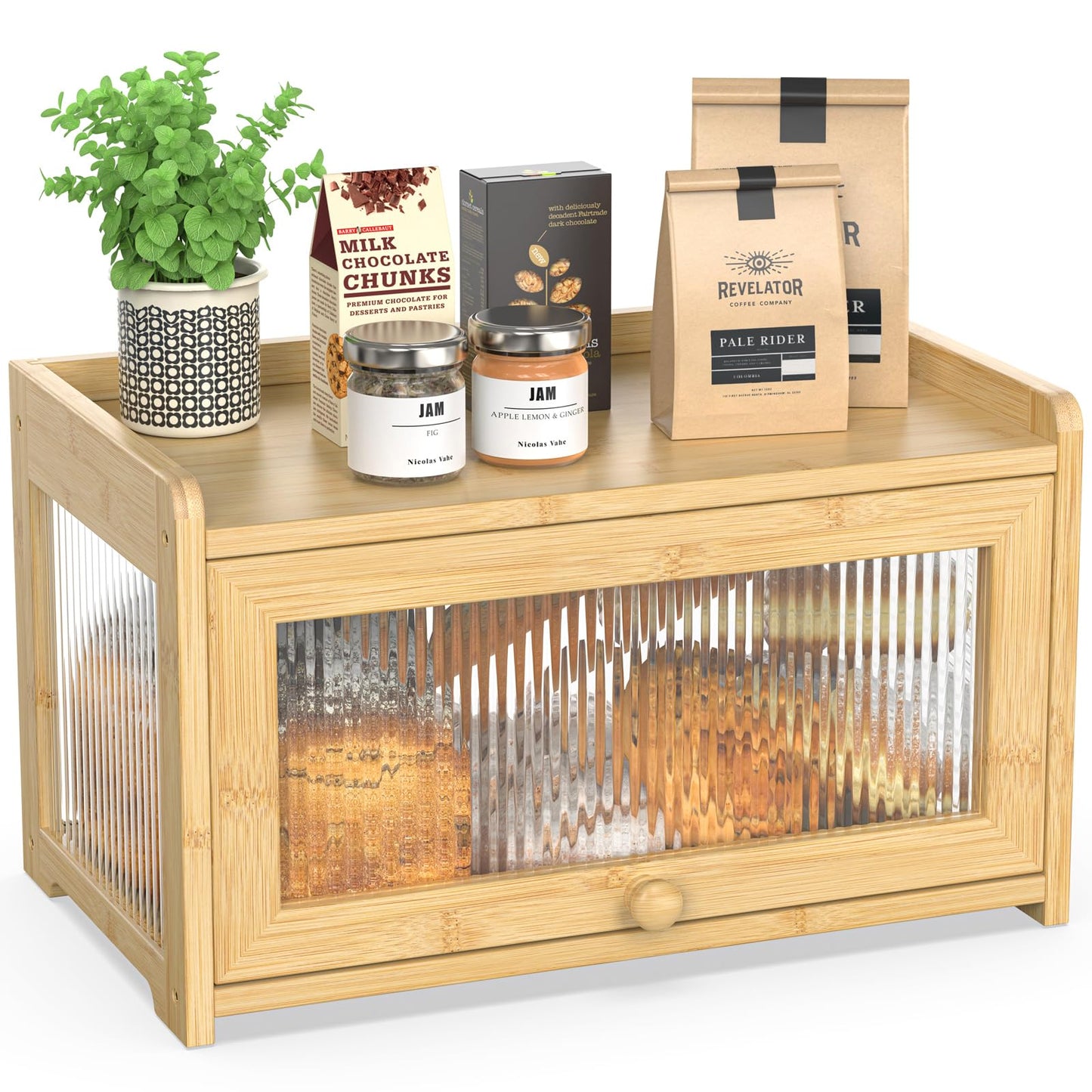 BAMBANG Extra Large Bamboo Bread Box for Kitchen Counter, Bread Storage Container Farmhouse Bread Box with 3 Sides Wavy & Back Clear Window, Breadbox Bread Bin Holder for Homemade Bread, Natural