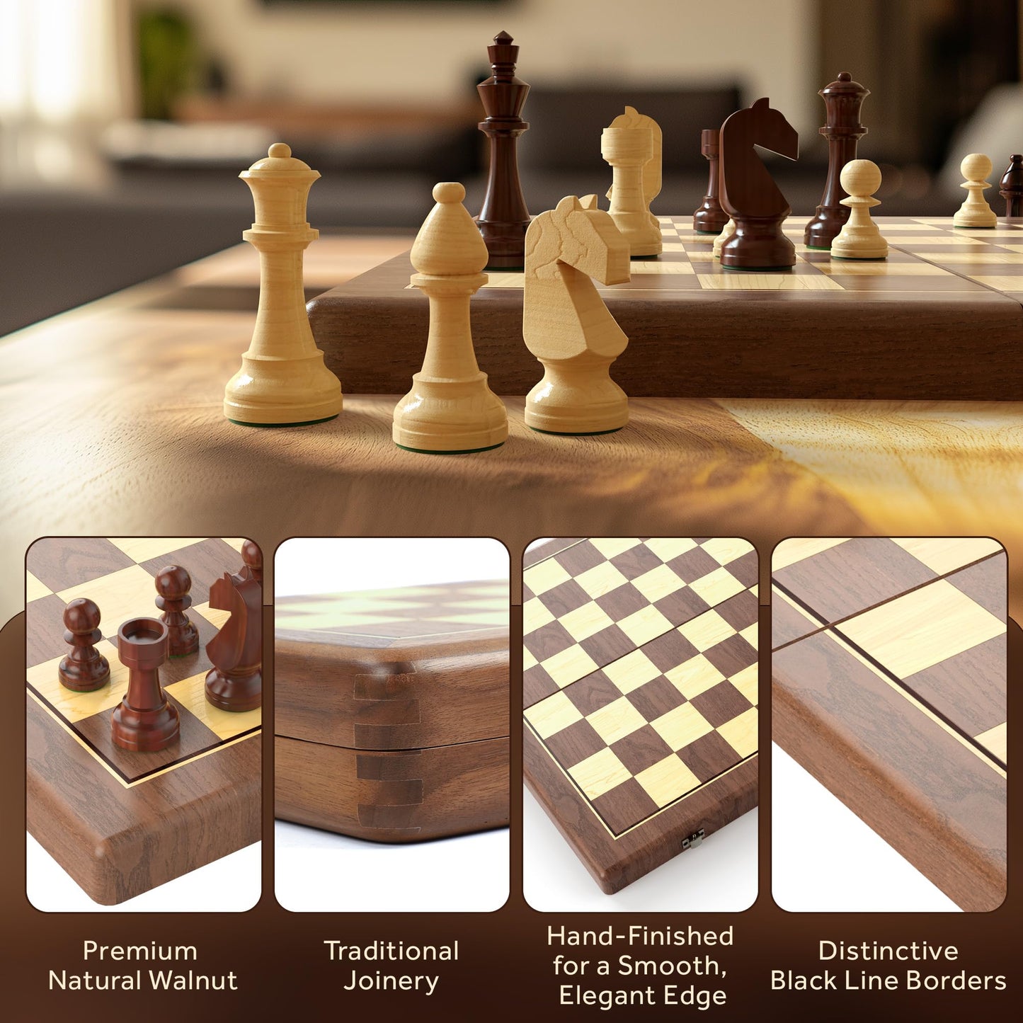 15" Wooden Folding Chess & Checkers Set - 2 in 1 Board Game with 3" King Staunton Pieces and 2 Extra Queens (Walnut Wood+Red Shell)