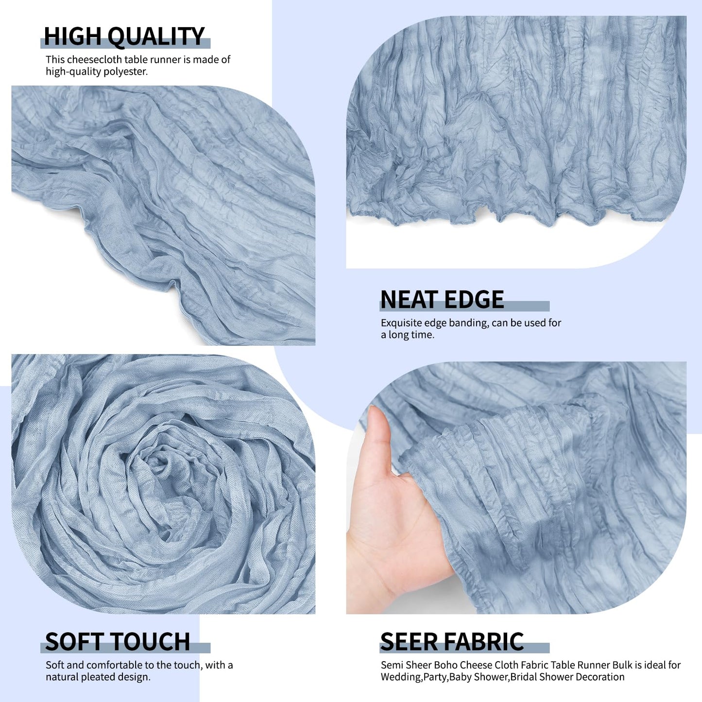 12Pack Dusty Blue Cheesecloth Table Runner 10Ft, Gauze Table Runners 21.5 x 120 inch,Semi Sheer Cheese Cloth Fabric Runner Bulk for Wedding,Party,Baby Shower,Bridal Shower
