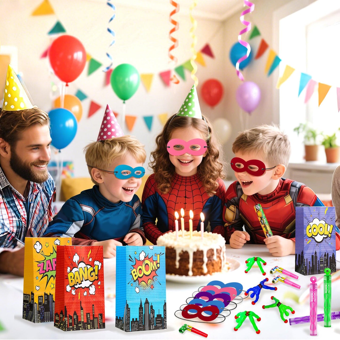 158Pcs Hero Party Favors - 12 Guests Set, with Goodie Bag Mask Straw Slap Bracelets Keychain Party Blowers Stickers Sticky hands for Birthday Decorations & Pinata Fillers