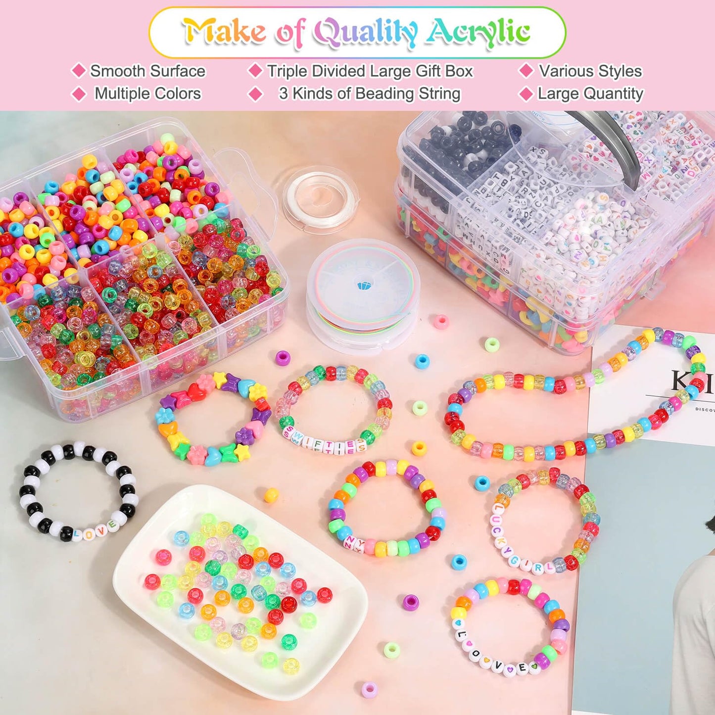 shynek 3800 Pony Beads: Bulk for Bracelets, Hair Braids & Craft - Colorful Plastic, Kandi, Star & Letter Beads for Jewelry Making
