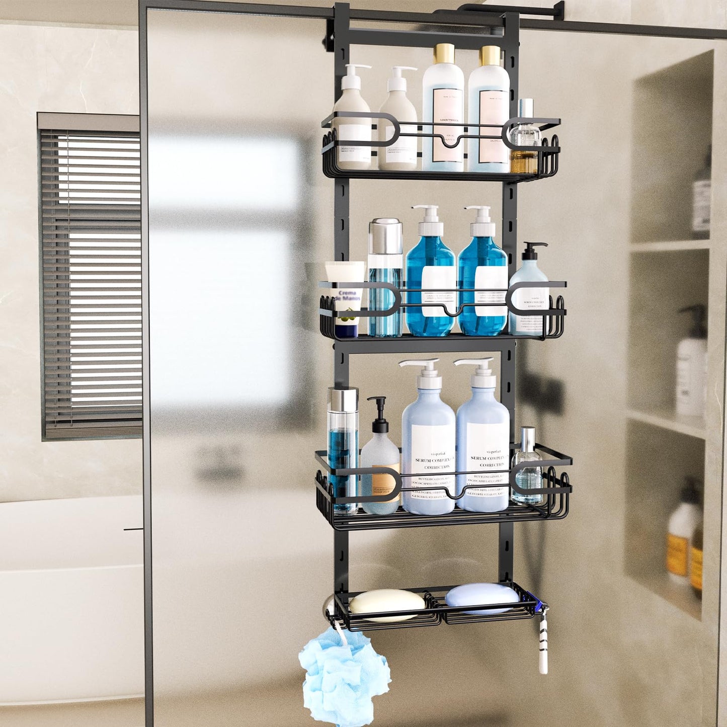 HapiRm Adjustable Shower Caddy Hanging - 4-Tier No Drilling Over The Door Shower Caddy, Rustproof Shower Organizer Hanging with 2 Soap Holders & 22 Hooks, Bathroom Shelves for Shampoo, Conditioner
