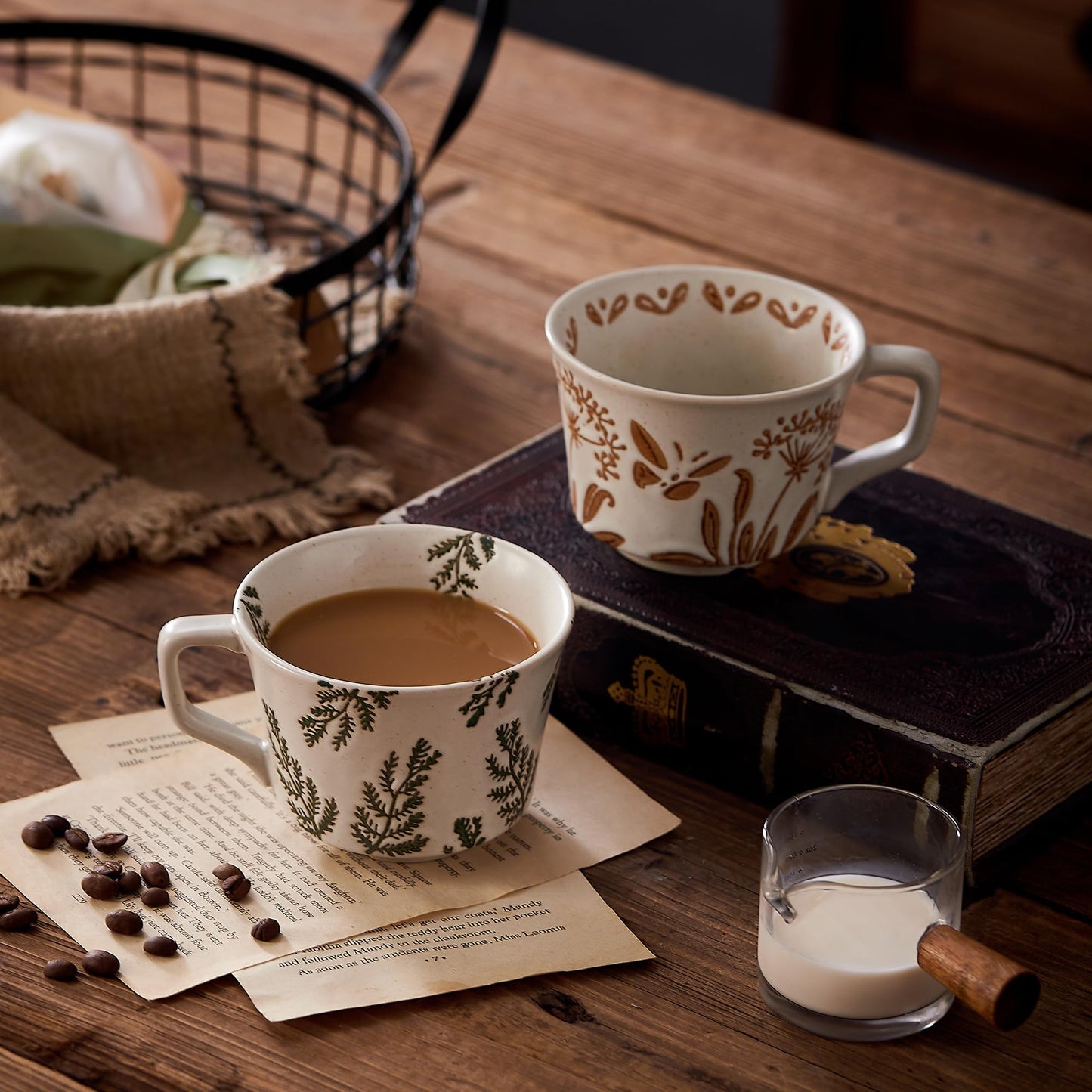 Swuut 12oz Vintage Ceramic Coffee Mug Set of 4 - Handmade Rustic Pottery Countryside Coffee Mugs with Handle,Fall Winter Latte,Espresso Cappuccino,Cocoa,Tea Cups, Dishwasher Microwave Safe(Plants)