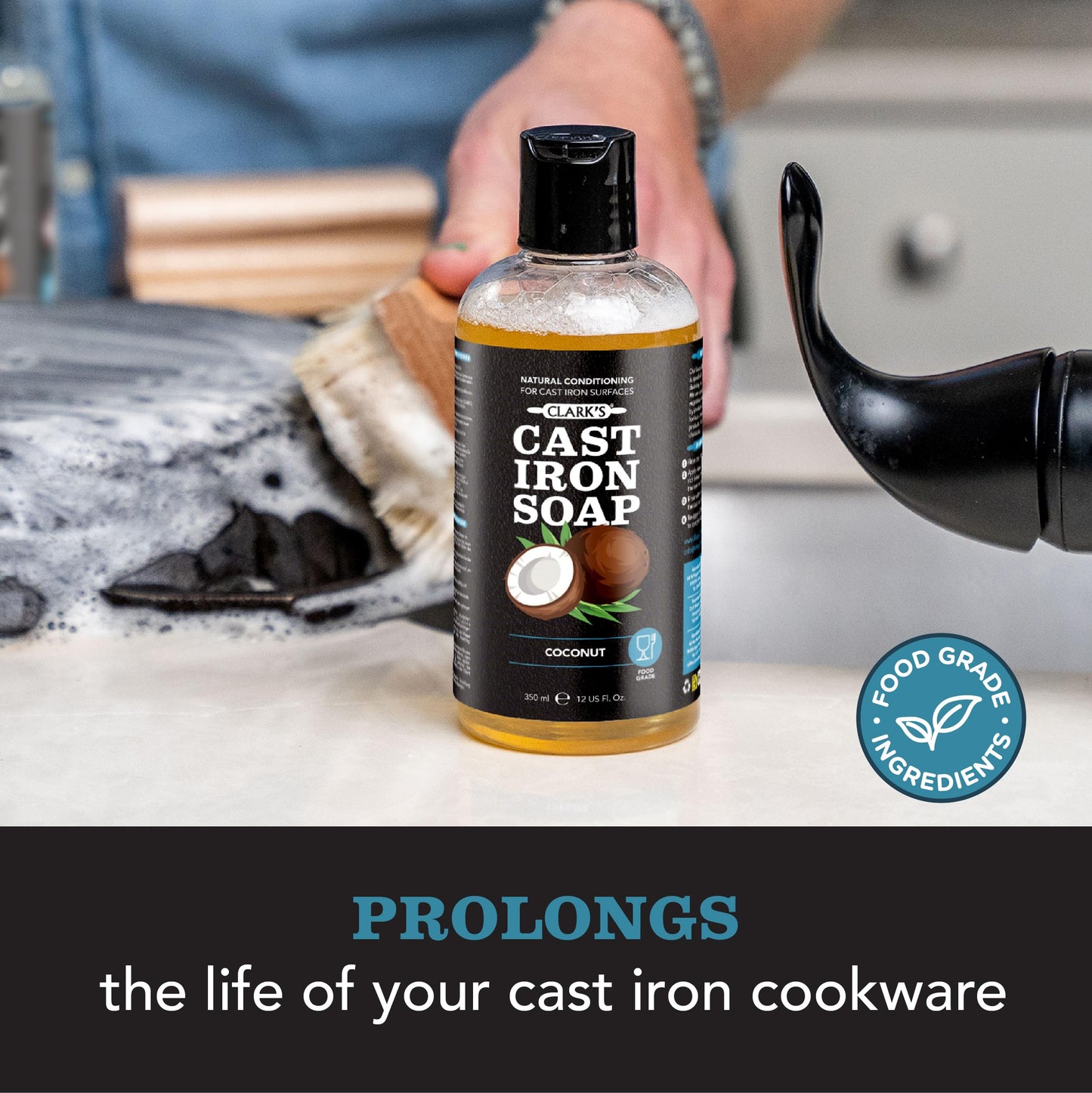 CLARK'S Complete Cast Iron Care Kit - Seasoning Oil (12 oz) - Soap - Scrub Brush - Applicator Pad - Suitable for All Cast Iron and Carbon Cookware Maintenance