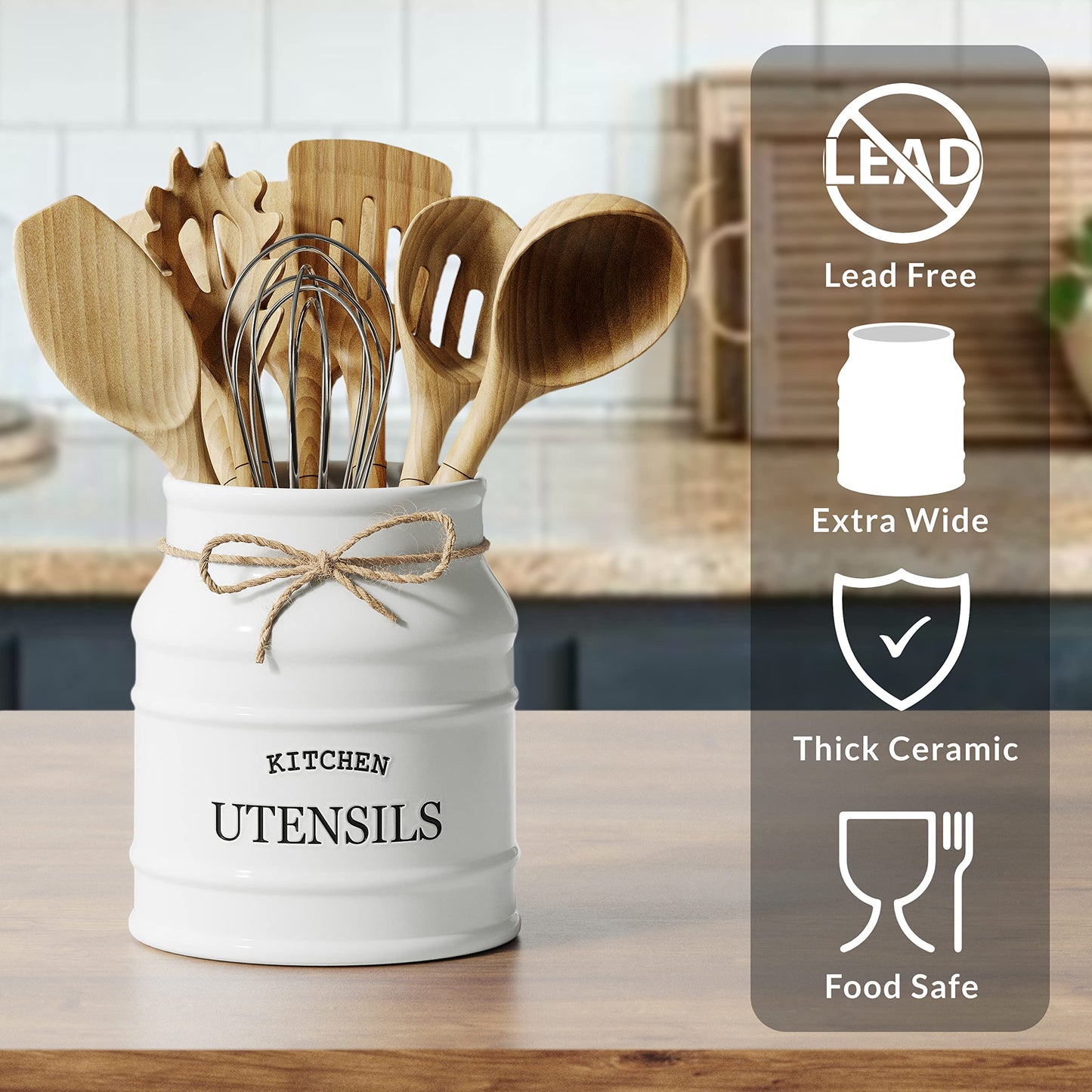 Barnyard Designs Ceramic Utensil Crock Holder for Kitchen Counter, Rustic Farmhouse Countertop Decor, French Country Organizer for Cooking Utensils, Spatulas and Mixing Spoons (White)