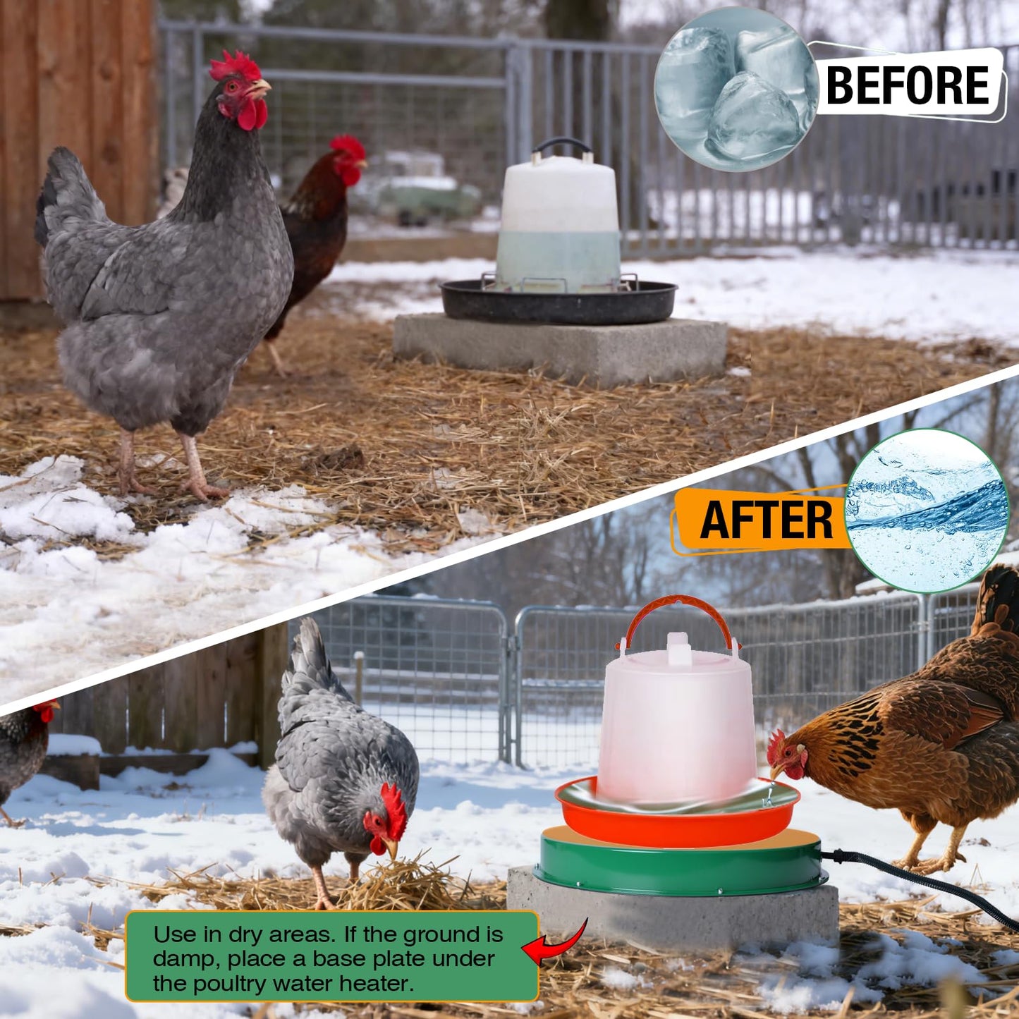 Chicken Water Heater for Winter, 125W Poultry Waterer Heated Base 31.4cm / 12.4in, Freeze-Proof Thermostat Deicer for Metal or Plastic Chicken Drinkers 1–5 Gallon (Green, 2 Pack)