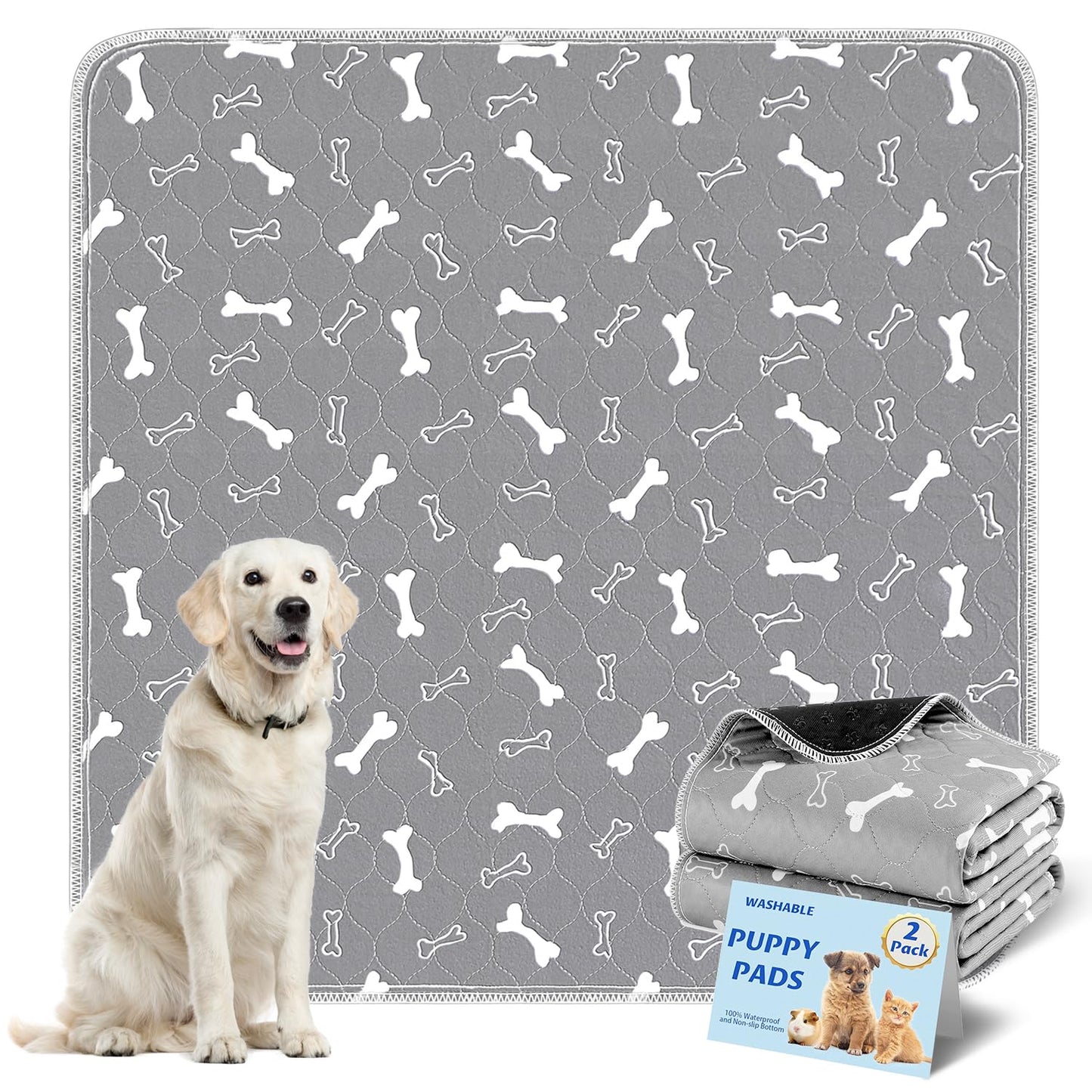 Baodan Washable Pee Pads for Dogs, 2 Pack Dog Pee Pads, Super Absorbent Puppy Pads, Anti-Slip & Reusable Puppy Pee Pads for Training, Incontinence, Playpen (Grey, 48*48Inch)