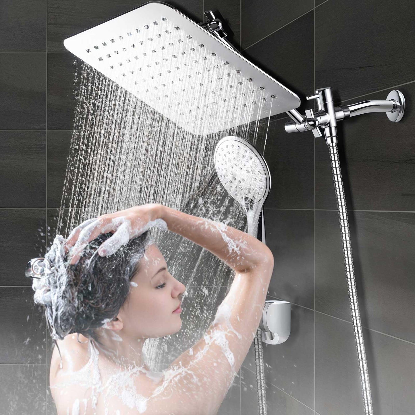 COSYLAND 10'' Rainfall Shower Head with Handheld Combo High Pressure 3 Settings with 11'' Extension Arm 60" Hose, Chrome Finish Bath Shower Head, Height/Angle Adjustable,Chrome