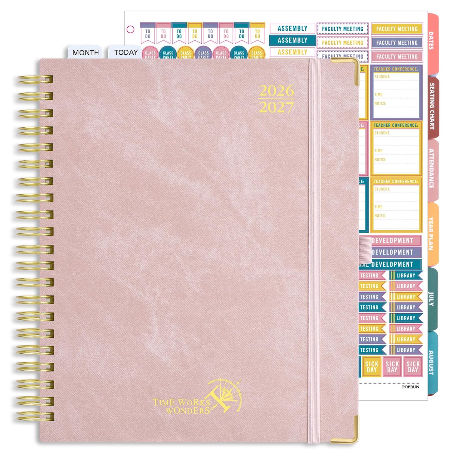 POPRUN Teacher Planner 2026-2027 Academic Year, Large Size 8.5"x 11", Monthly and Weekly Calendar, July 2026 - June 2027, Plan book with Hardcover, Spiral Bound, School Supplies for Classroom - Pink