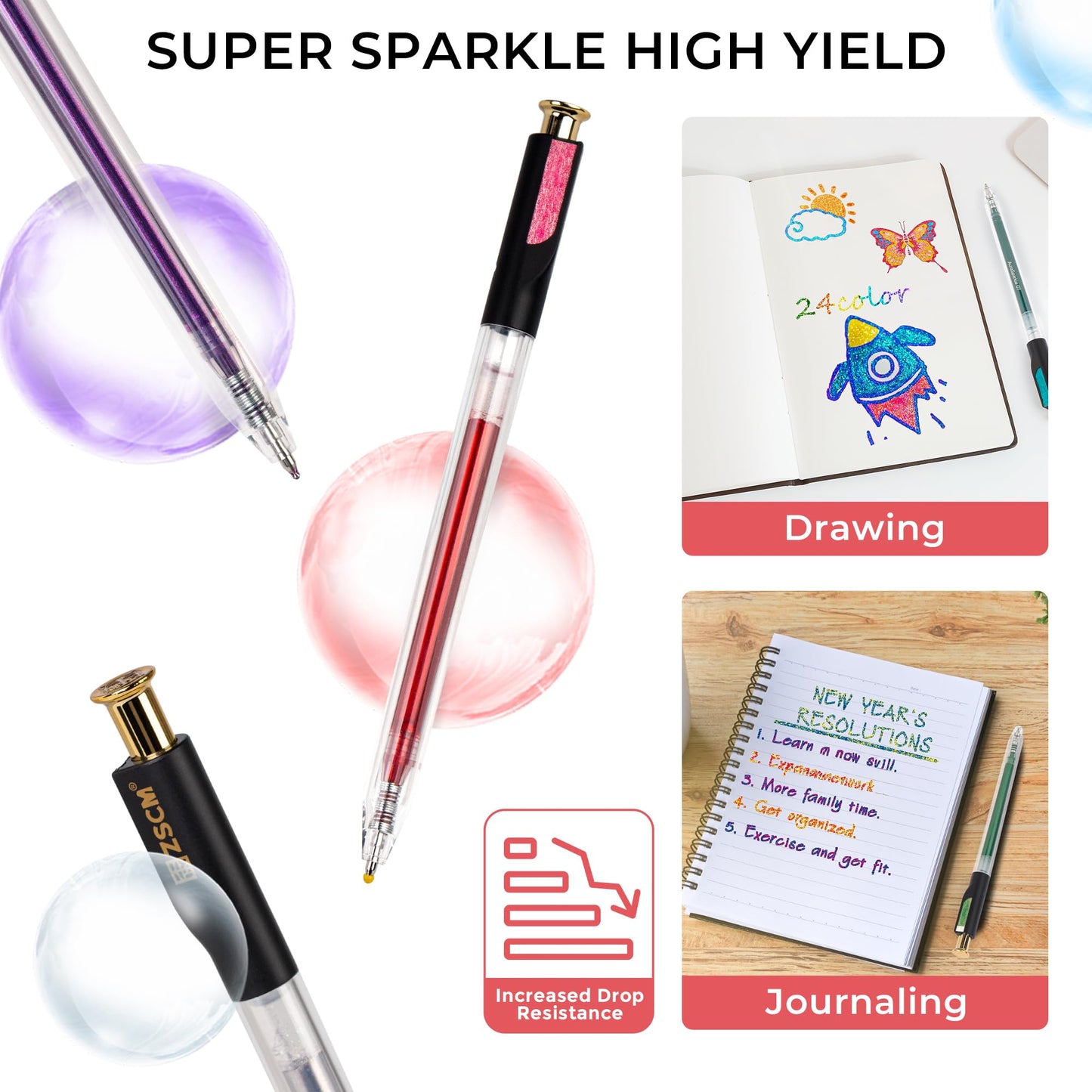 Retractable Super Glitter Gel Pens, 24 Colors Large Capacity Metallic Sparkle Gel Ink Pens, 1 mm Fine Point Smooth Writing Color Pen for Adult Coloring Book Note Taking Aesthetic Art Supplies