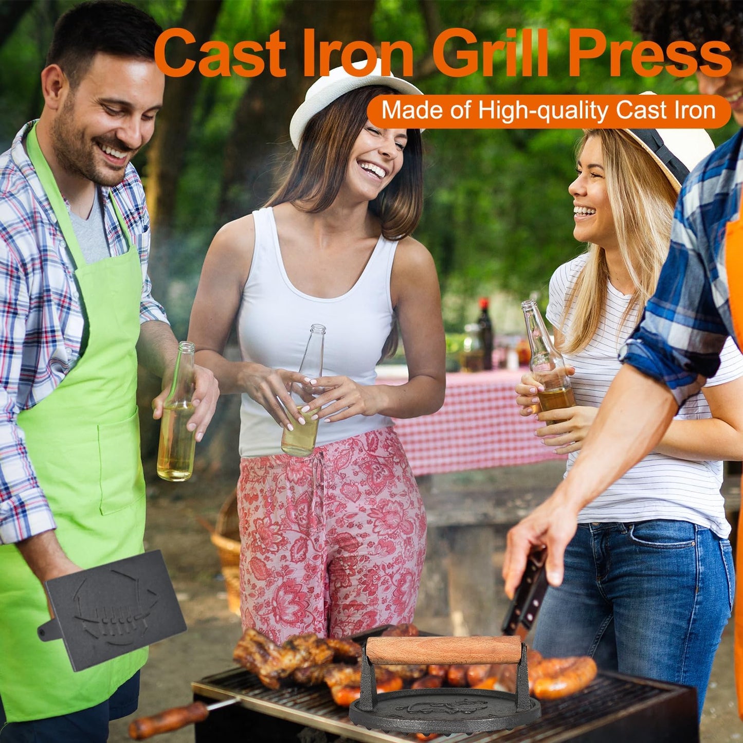 Finderomend 2 Pack Hamburger Press,Cast Iron Grill Press,Heavy Duty Smash Meat,Bacon,Steak & Burger Press with Wooden Handle (Round & Rectangular)