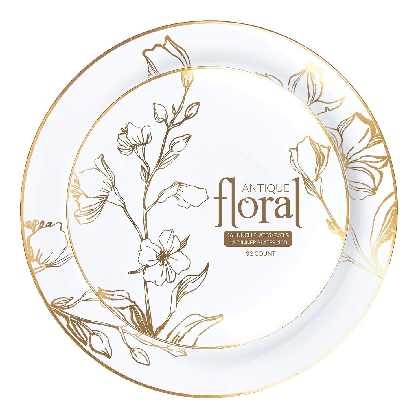 PLASTICPRO 64 Piece Combo Plates Set includes 32 7'' inch Plates & 32 10'' inch Plate White Plastic Floral Design Party Plates With Gold Rim, Premium heavyweight Elegant, Disposable, Dishes,