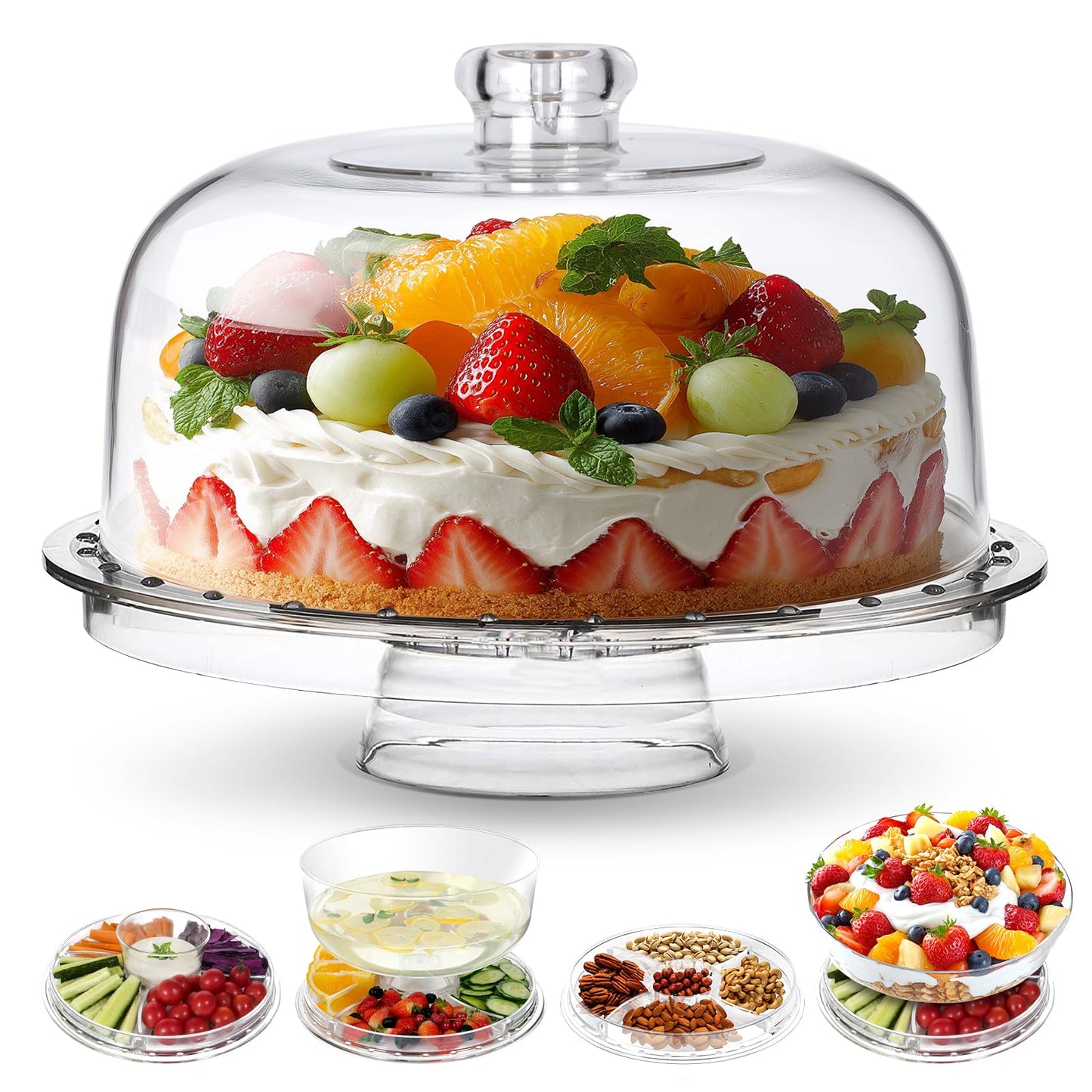 Cake Stand with Demo Cover, 6 in 1 Multi-Functional Serving Platter Display Stand for Christmas Wedding Party, Acrylic Cake Plate/Salad Bowl/Dessert Platter, BPA-Free, Send 1 Fork and 1 Spoon