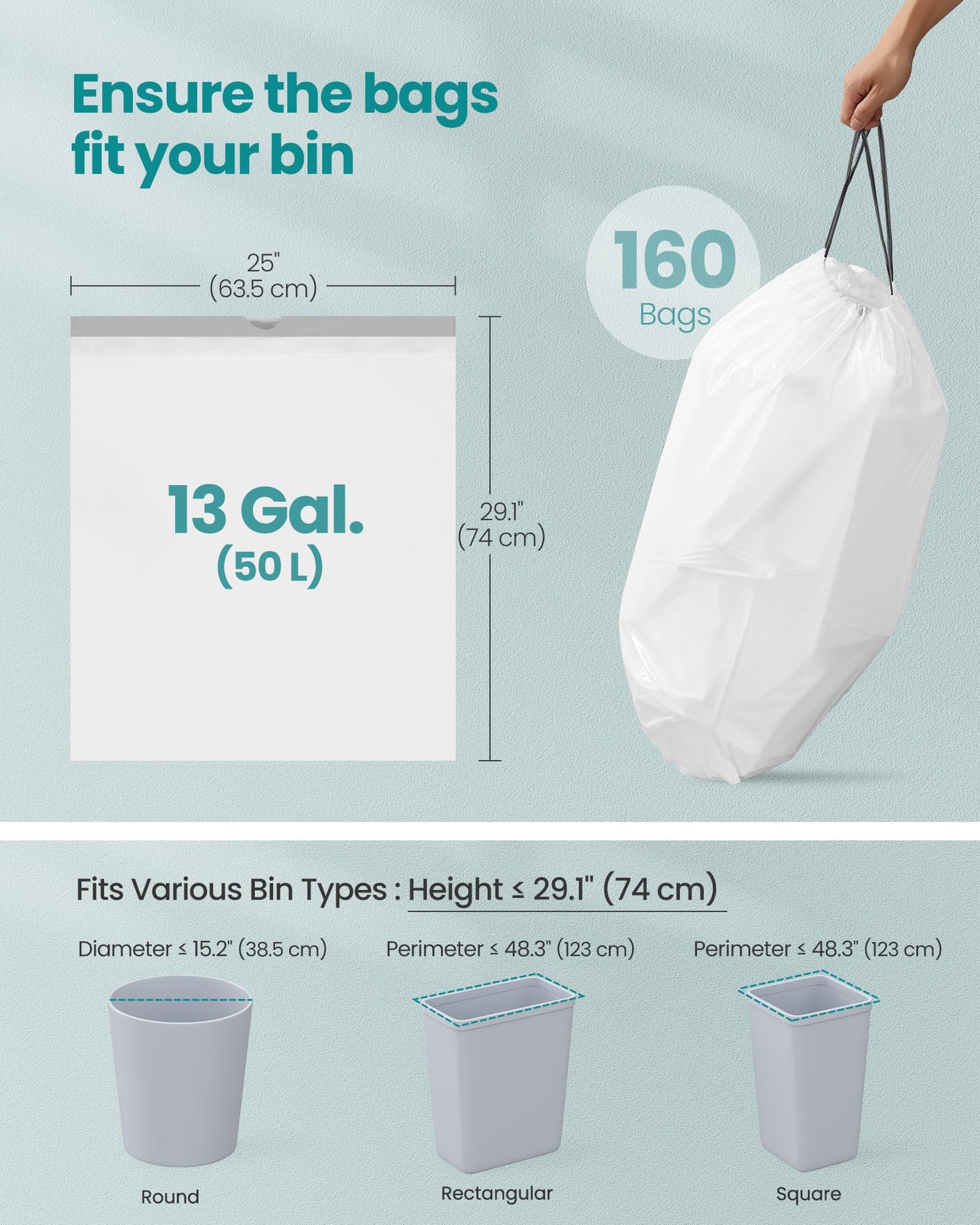 SONGMICS Trash Bags for 13-Gallon (50 L) Trash Cans, 160 Count, Drawstring Kitchen Garbage Bags, Quick-Dispense Box, Liner Code K, Cream White UKRB051A04