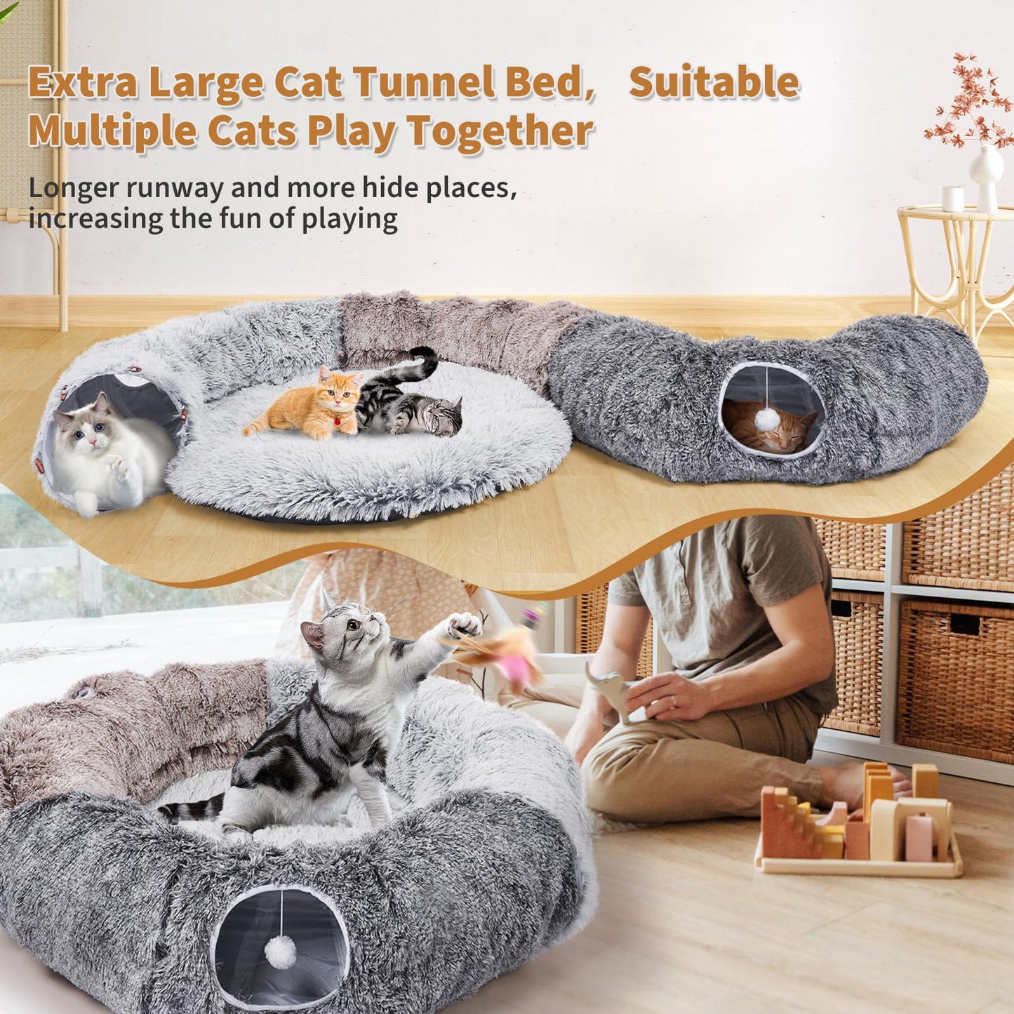 Odoland Extra Large Cat Tunnels for Indoor Cats, Fluffy Cat Bed and Collapsible Donut Cat Tube with 20pcs Cat Toys for Chewing Playing