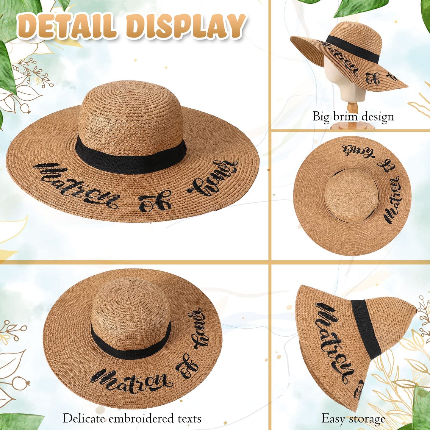 Geyoga 7 Pcs Bride and Bridesmaid Sun Hat Bulk Foldable Floppy Women Hat for Bachelorette Party Gift Honeymoon(Cute Style)