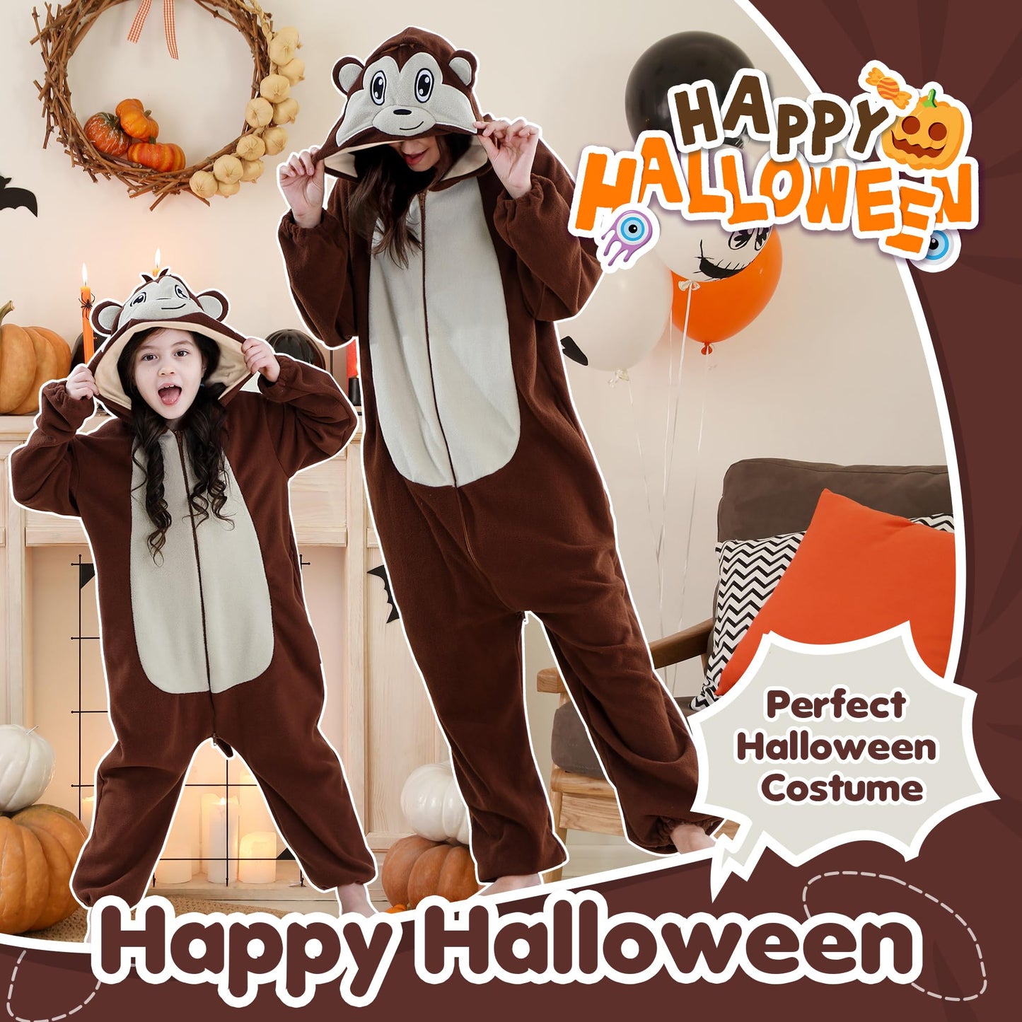 MICHLEY Unisex Halloween Animal Cosplay Costume, Zipper Hooded One Piece Pajamas for Men and Women Monkey-XL