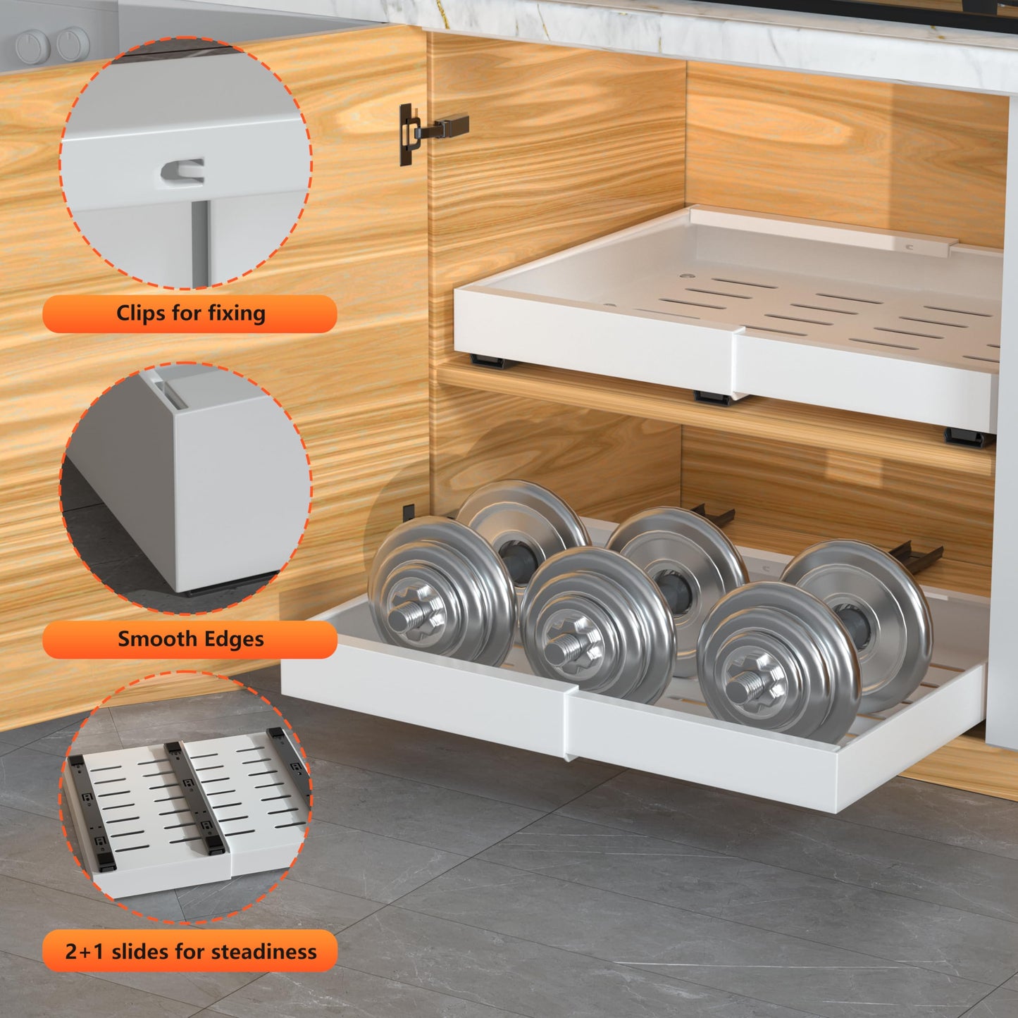 DEKAVA Pull Out Cabinet Organizer Expandable 1 pack, Adhesive with Nano Film, Pull Out Drawers for Cabinets in Kitchen, Pantry or Bathroom (White, 21" DEEPX[12"-20''] Width-1PACK)