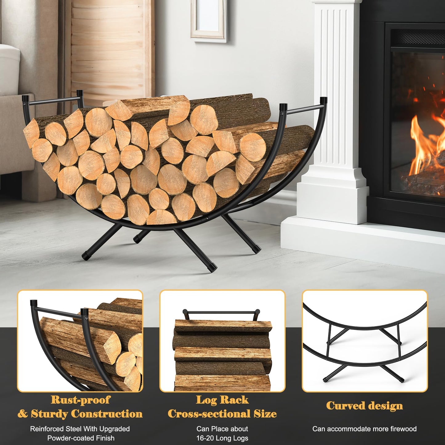 NANANARDOSO Curved Firewood Rack，33 inches Heavy Duty Metal Fireplace Log Holder for Firewood Storage，Ideal for Indoor and Outdoor Fireplaces，Black