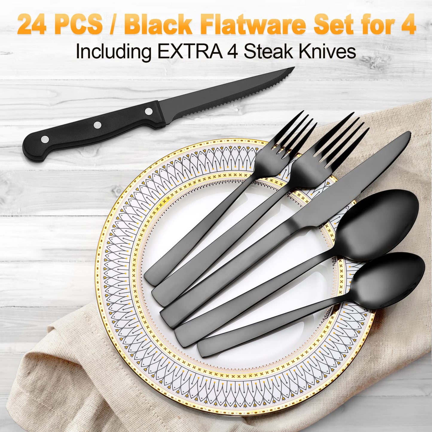 24-Piece Stainless Steel Black Silverware Set - CEKEE Flatware Kitchen Utensils Cutlery Set for Home & Restaurant, Premium Knife Fork Spoon with Steak Knives, Heavy Duty & Dishwasher Safe
