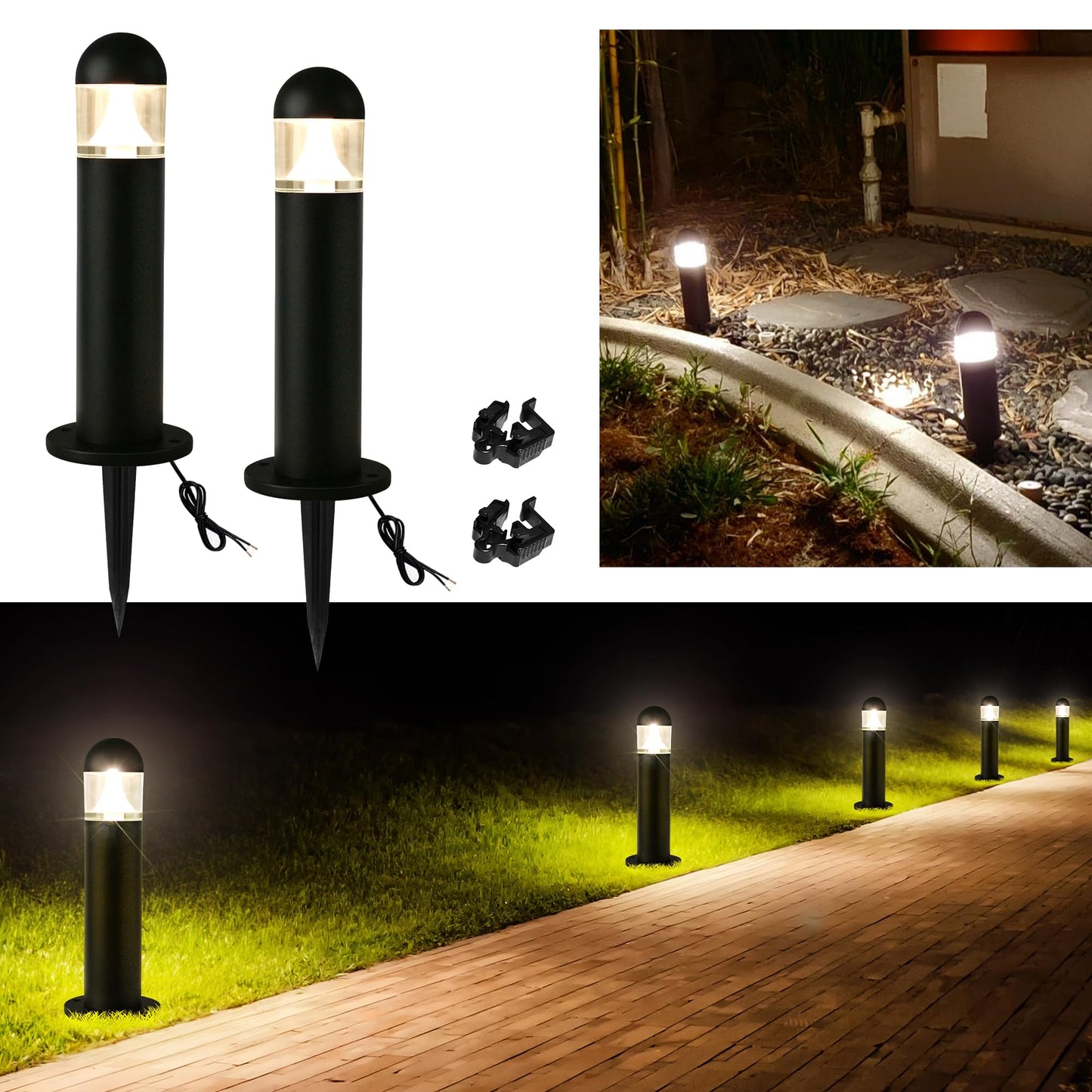 MOON-DE-AGE Low Voltage Landscape Pathway Lights, 12V LED Bollard Light IP67 Waterproof, Outdoor Driveway Walkway Wired Lights (Included Connector) - Yard Garden Lawn,2700K Warm White, 2 Pack