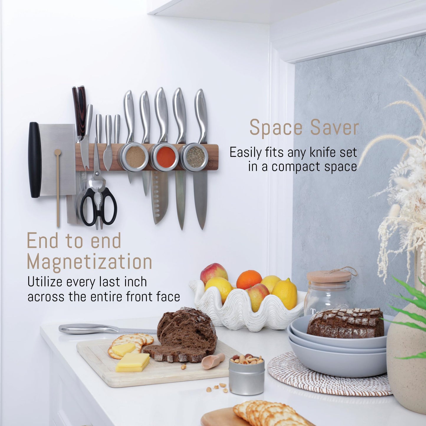 Walnut 16 inch Magnetic Knife Holder for Wall with Double Storage & Charming Wood - Knife Magnet Wall Mount, Magnetic Knife Strip, Magnetic Knife Block