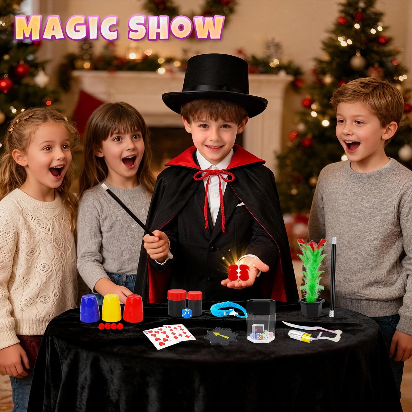 Magic Kit, Magic Tricks for Kids, Magic Set Includes Magic Wand Magician Costume, Pretend Play with Instruction for Kid Beginners, Christmas Halloween Birthday Gift Toys for Boys Girls Age 6-12