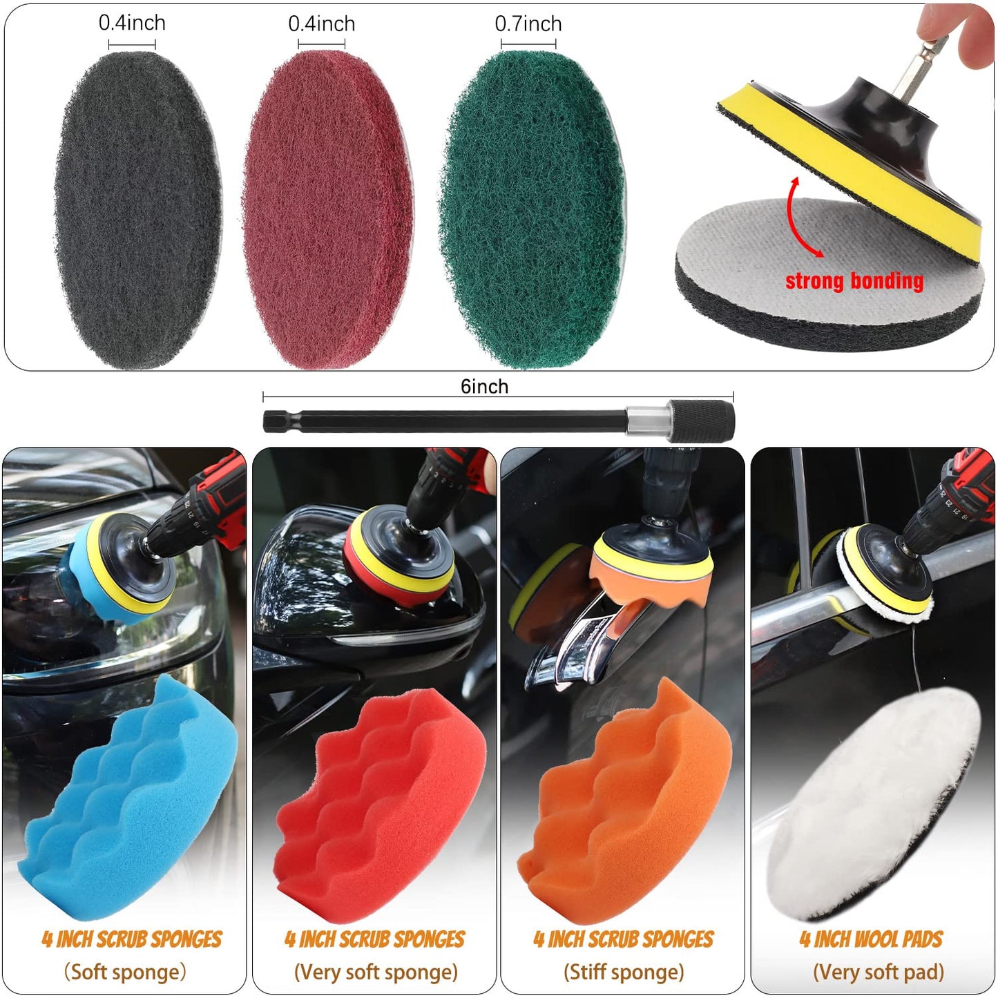 22 Pcs Drill Brush Set, Drill Scrubber Brush Kit Includes All Purpose Drill Brush, Scrub Pads & Sponge with Extend Attachment, Buffing Pads for Car Surfaces