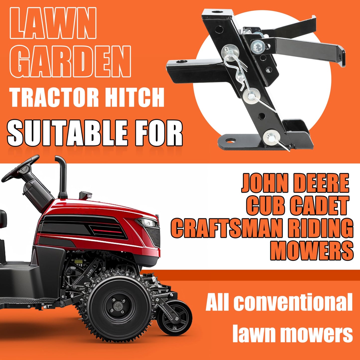 ECOTRIC Heavy Duty Adjustable Lawn Mower Trailer Towing Hitch, Garden Tractor Hitch Steel Compatible with John Deere Cub Cadet Craftsman