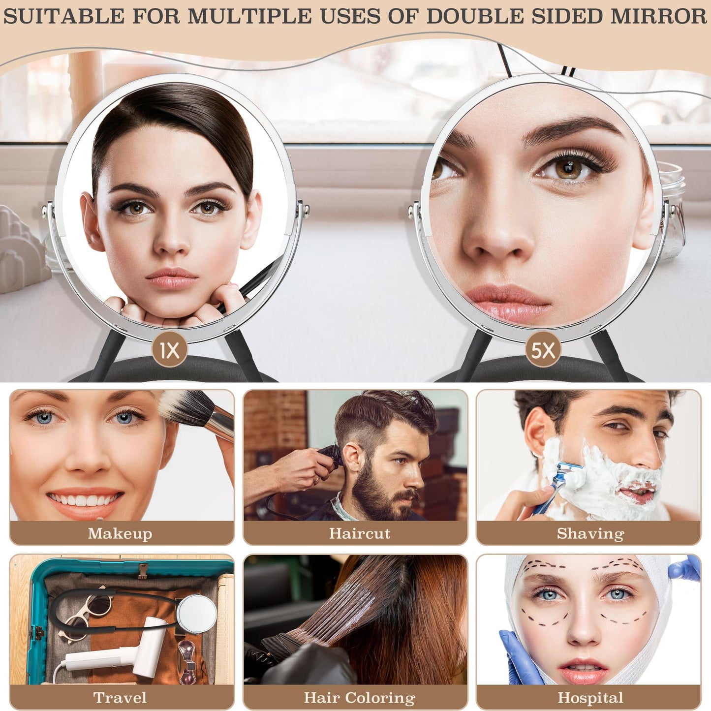 XWZMR Double Sided Mirror to See Back of Head,Big Size 360°self Haircut Hands Free Adjustable Mirror,Standard Viewing and 5X Magnification for Women Man,Arm Flexible to Around The Neck