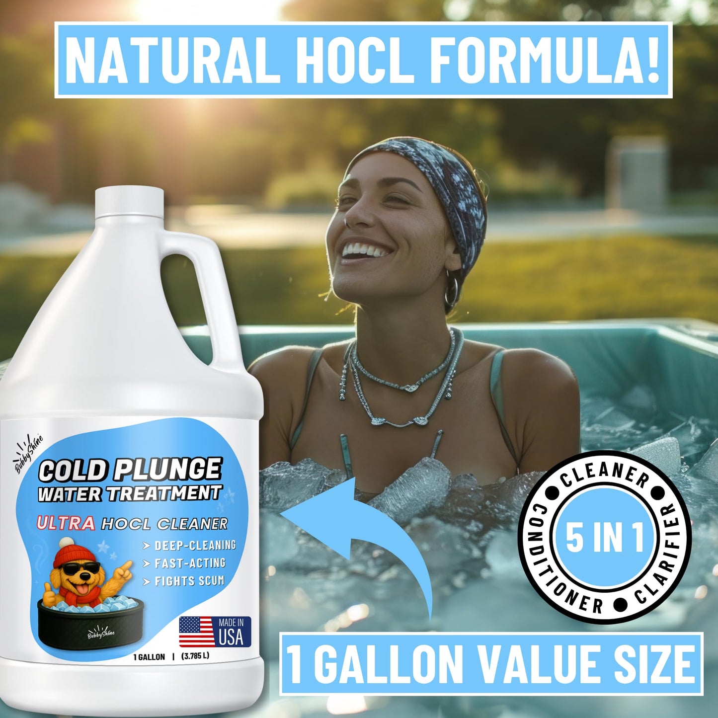 BubbyShine, 5in1 Weekly Cold Plunge Water Treatment - HOCl Cold Plunge Cleaner, Ice Bath Cleaner, Water Stabilizer For Cold Plunge Ice Pod, Clarifier Softener Chemicals, Ice Bath Accessories, 1 Gallon