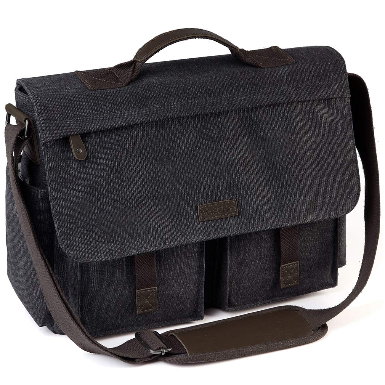 VASCHY 17inch Laptop Messenger Bag, Men's Vintage Water Resistant Canvas Satchel Briefcase Shoulder Bag for Work with Padded Shoulder Strap Gray