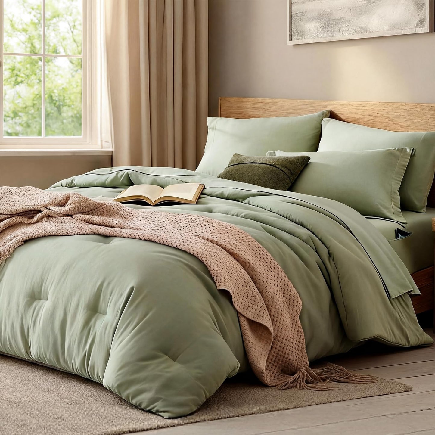 WRENSONGE Queen Comforter Set - 7 Pieces Sage Green Soft Bed in a Bag Queen with Fitted Sheet, Flat Sheet, 2 Pillow Shams, and 2 Pillowcases- Warm Bedding Sets for All Season