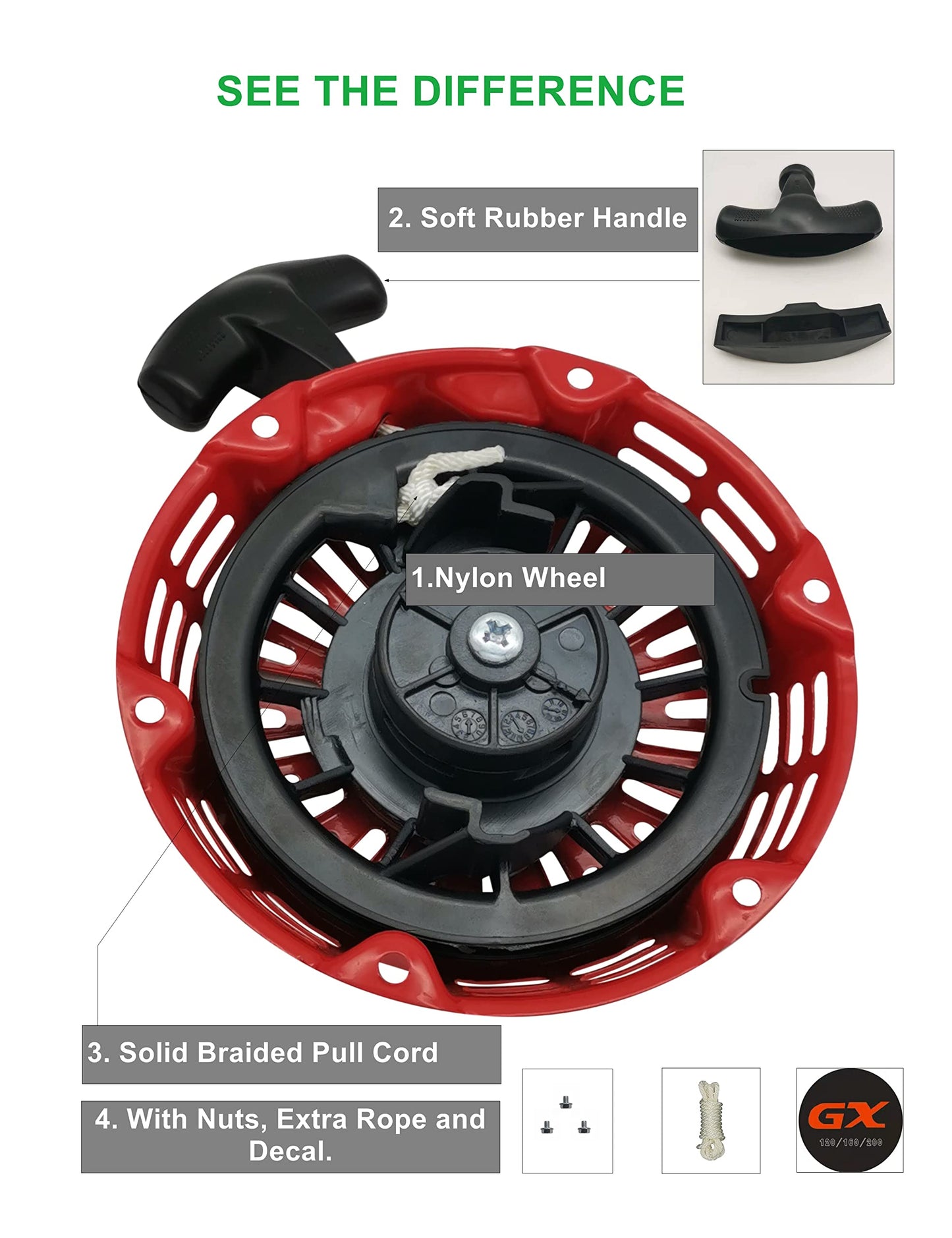 YAMAKATO GX160 Pull Start Assembly w/Recoil Starter Rope for Honda GX120 GX160 GX200 Pull Cord Replacement Red 28400-Z0T-003ZB 28400-ZH8-023ZB 28400-Z4M-305ZB