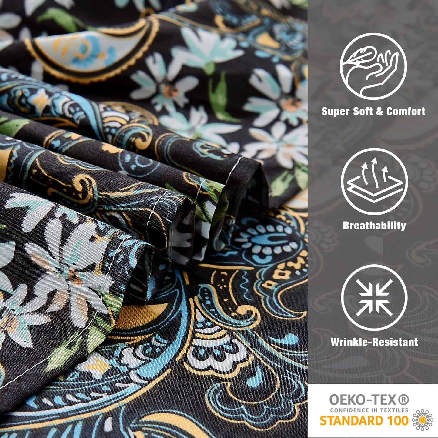 JSD Queen Paisley Floral Print Sheet Set 4 Piece Black Pattern Soft Microfiber Bedding Sheets 15" Extra Deep Pocket