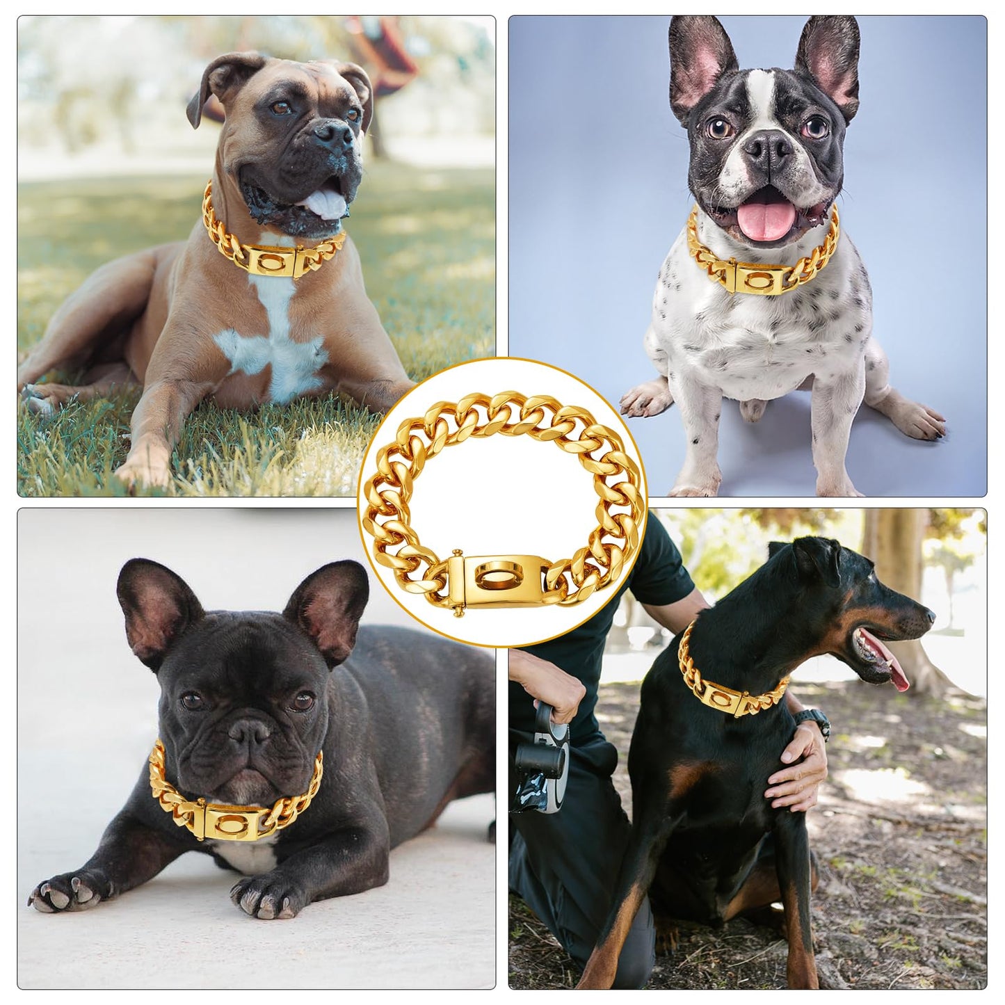 19mm Wide Gold Dog Chain Collar with Buckle,18K Gold Plated,Heavy Duty Strong Stainless Steel Metal Pet Solid Cuban Links Collars for Dogs(22inch)