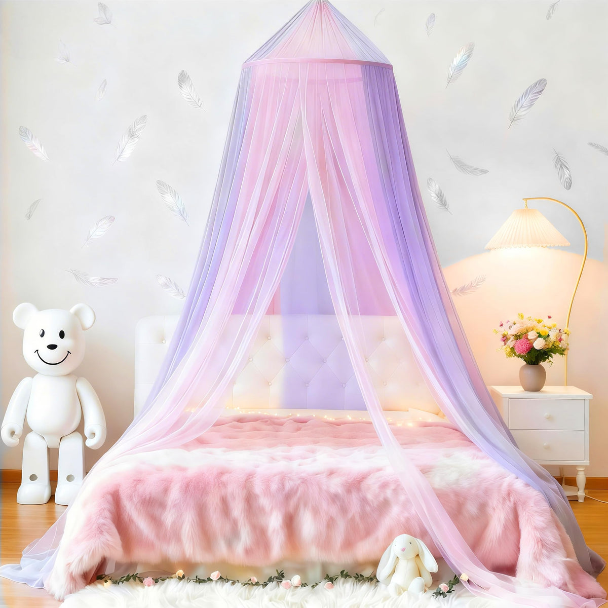 Eimilaly Two-Tone Bed Canopy Mosquito Net Pink Purple with 250pcs Warm Lights, Bed Canopy for Girls Room Decor, Single Door