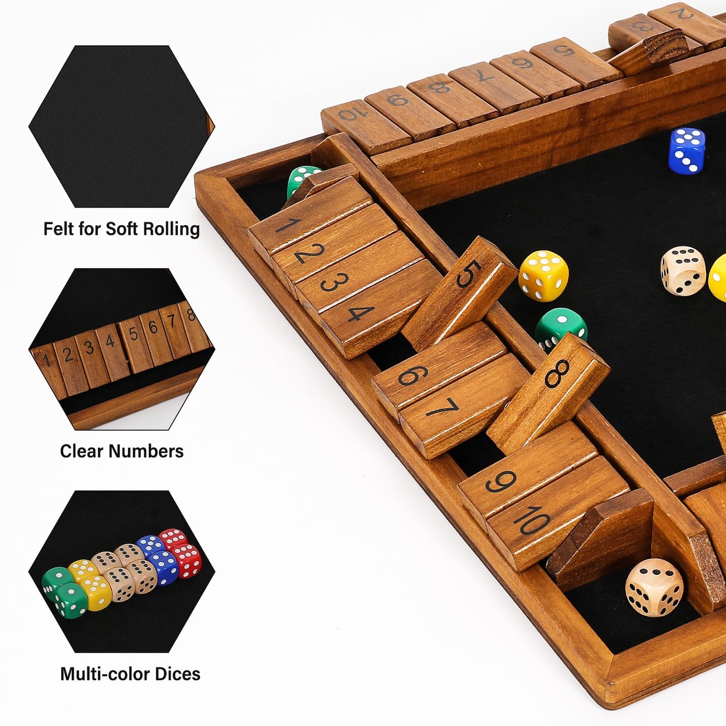 VAMSLOVE 12 inches Shut The Box Dice Game Wooden Board for 2-4 Player, 4 Sided 10 Numbers Math Games with 8+4 Dices Close The Box for Kids Adults(Instructions Included)