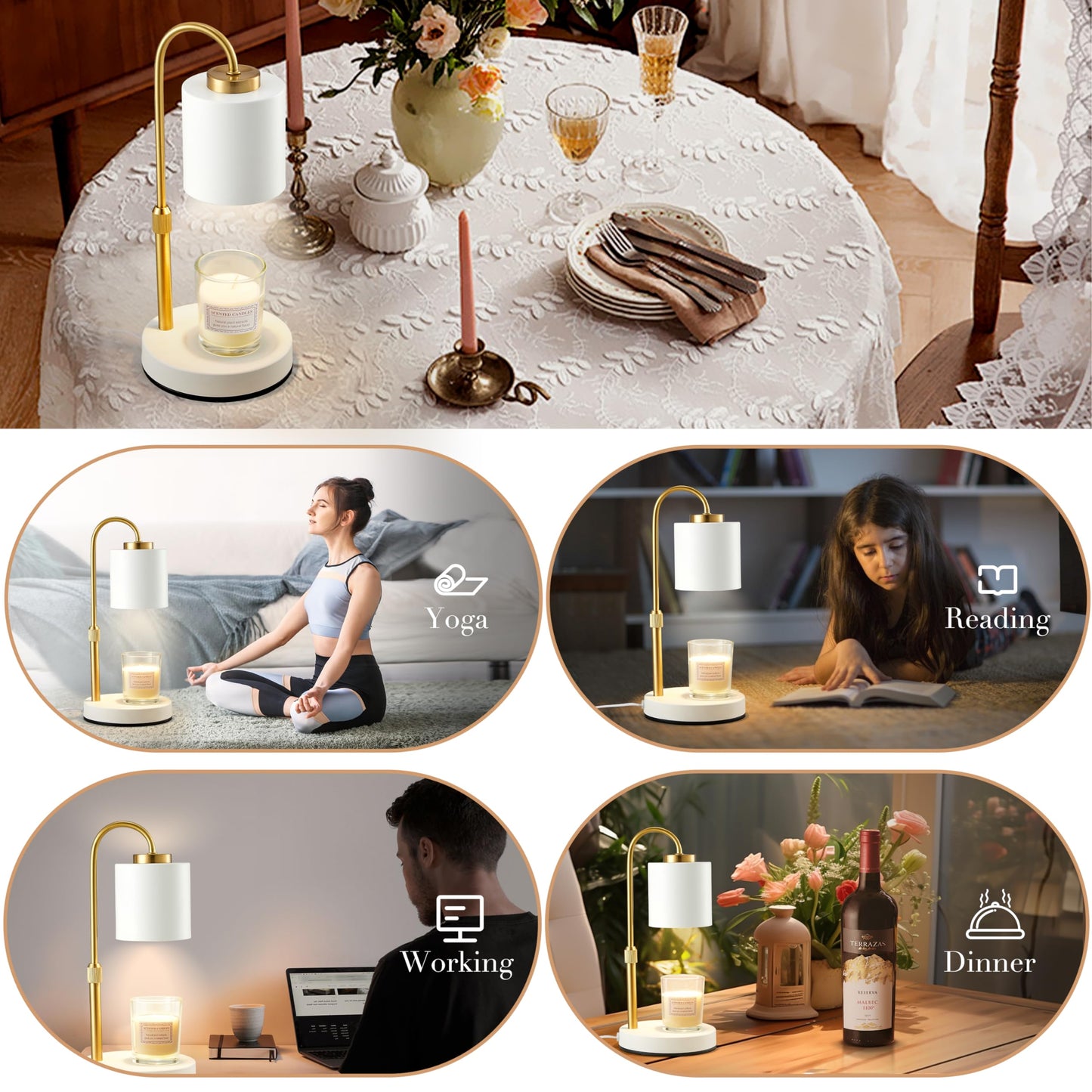 CASTLELIFE Candle Warmer Lamp with Timer & Dimmer, Height Adjustable Electric Wax Melt Warmer for Jar Candles, Gifts for Mom Home Decor, White Gold