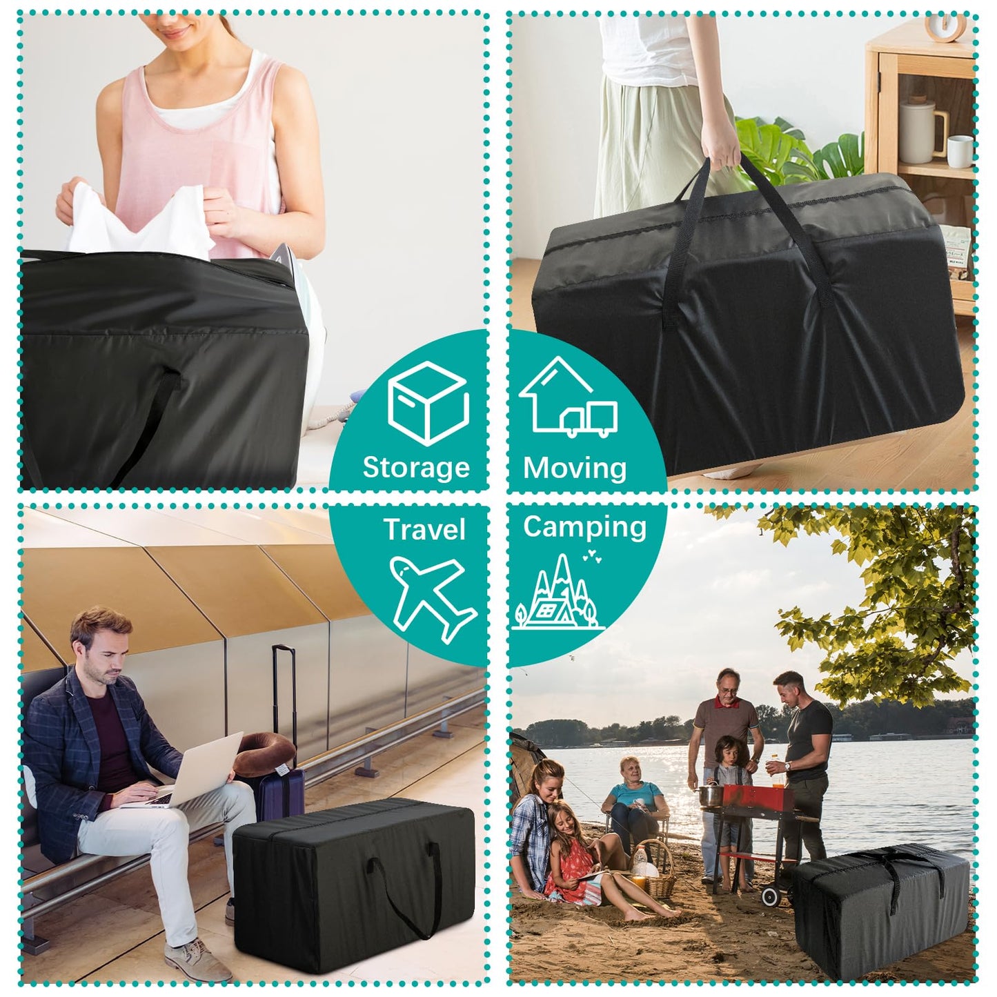 6 Pack Extra Large Moving Bags with Reinforced Zippers, Foldable Heavy Duty Moving Boxes with & Handles,Storage Bags For Space Saving, Clothing Storage Christmas Decor Storage,Traveling
