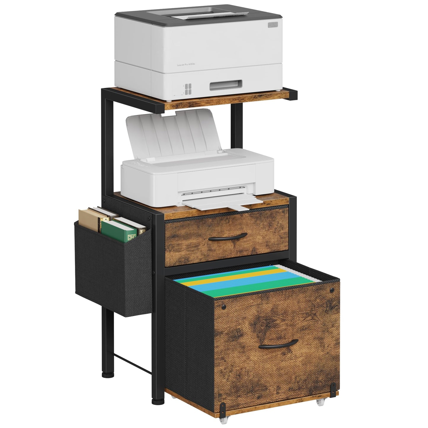 HIGDBFE Filing Cabinet with 2-Tier Printer Shelves, 2 Fabric Drawers File Cabinet with Reversible Side Bag&File Drawer, Printer Stand with Storage for Home Office, Rustic Brown, 16.5" W