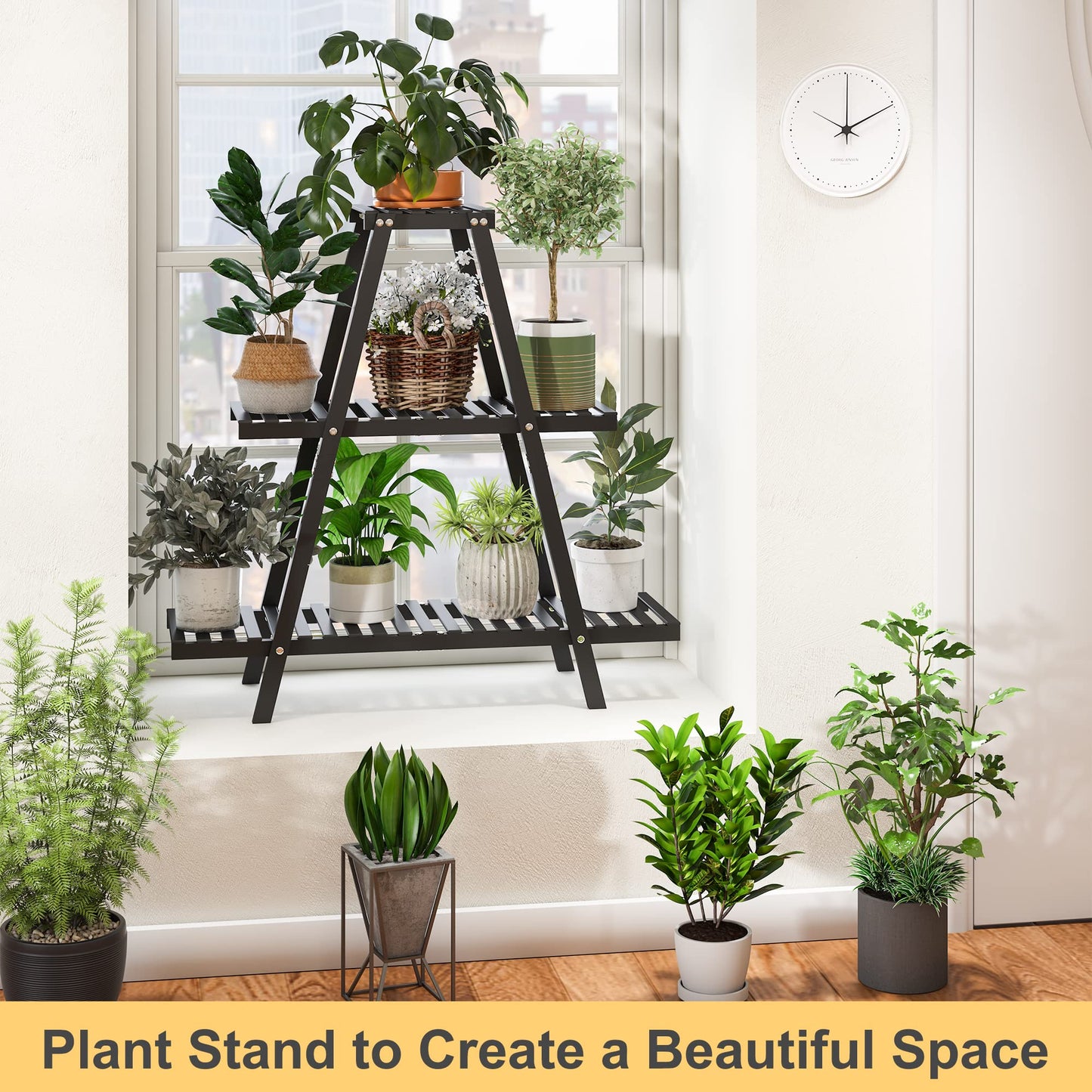 Plant Stand Indoor, Outdoor bamboo Plant Stands for Multiple Plants, 3 Tier 8 Potted Flower Holder Ladder Plant Rack,Plant Shelf Ladder Table Plant Pot Stand for Living Room, Patio, Balcony (3-Tier-Black)