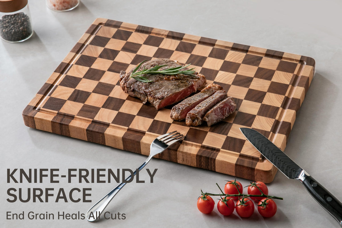 THETCHRY Cutting Boards for Kitchen, Checkered Cutting Board Upgraded, Acacia Wood Chopping Board with Juice Grooves & Handles, Large Butcher Block Serving Tray with Gift Box, 17" x 12" x 0.8"