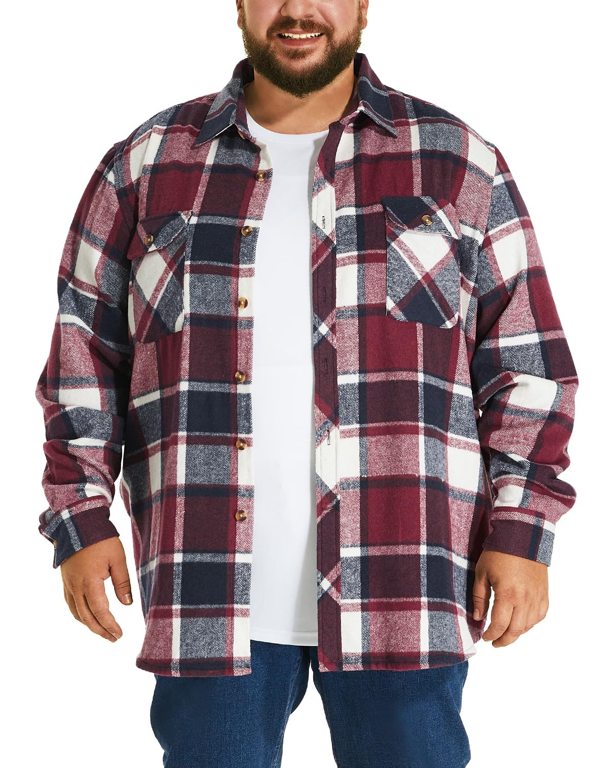 HOdo Big and Tall Mens Heavyweight Flannel Shirt 2XL- 6XL Button Down Shirt Burgundy Square 4XL