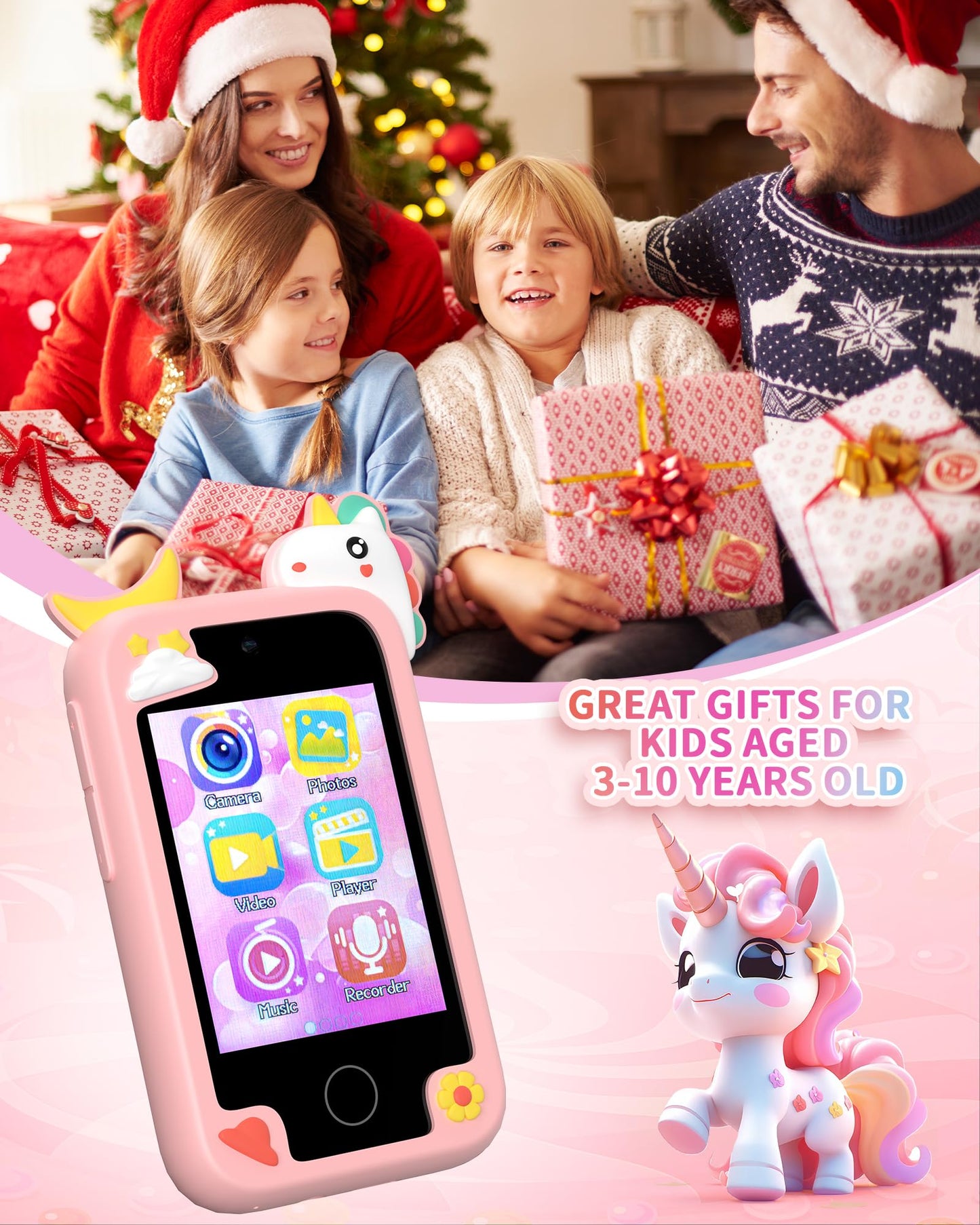 Upgrade Mini Kids Toy Pretend Smartphone, Unicorn Selfie Phone with 2.8” Touchscreen - Rich 20 Learning Games - Dual Camera - Music Player, for 3-10 Years Old Boys Girls, 32GB Card, Pink