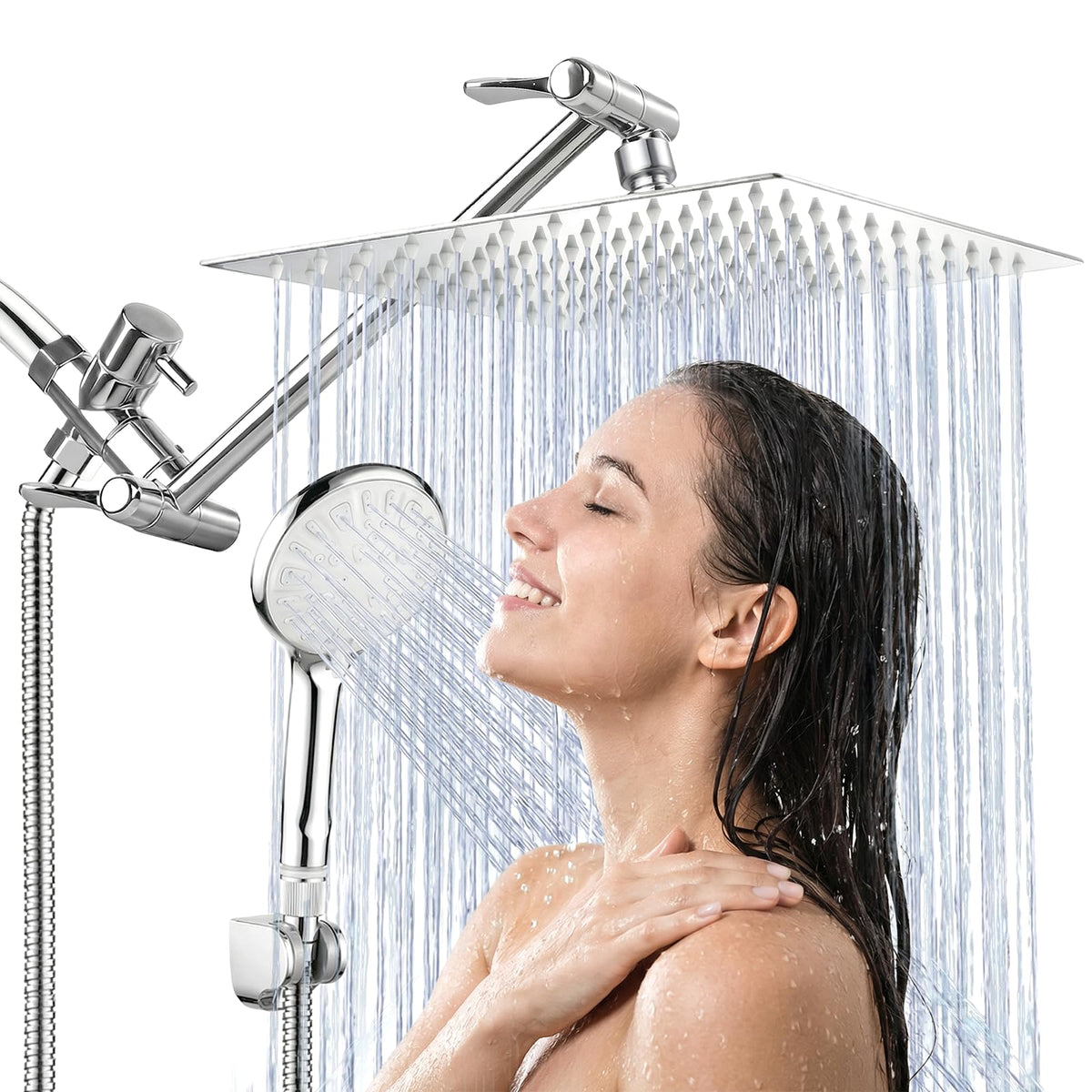 Shower Head, 10 Inch High Pressure Rainfall Shower Head/Handheld Shower Combo with 11 Inch Extension Arm, 9 Settings Adjustable Anti-leak Shower Head with Holder/Hose, Height/Angle Adjustable